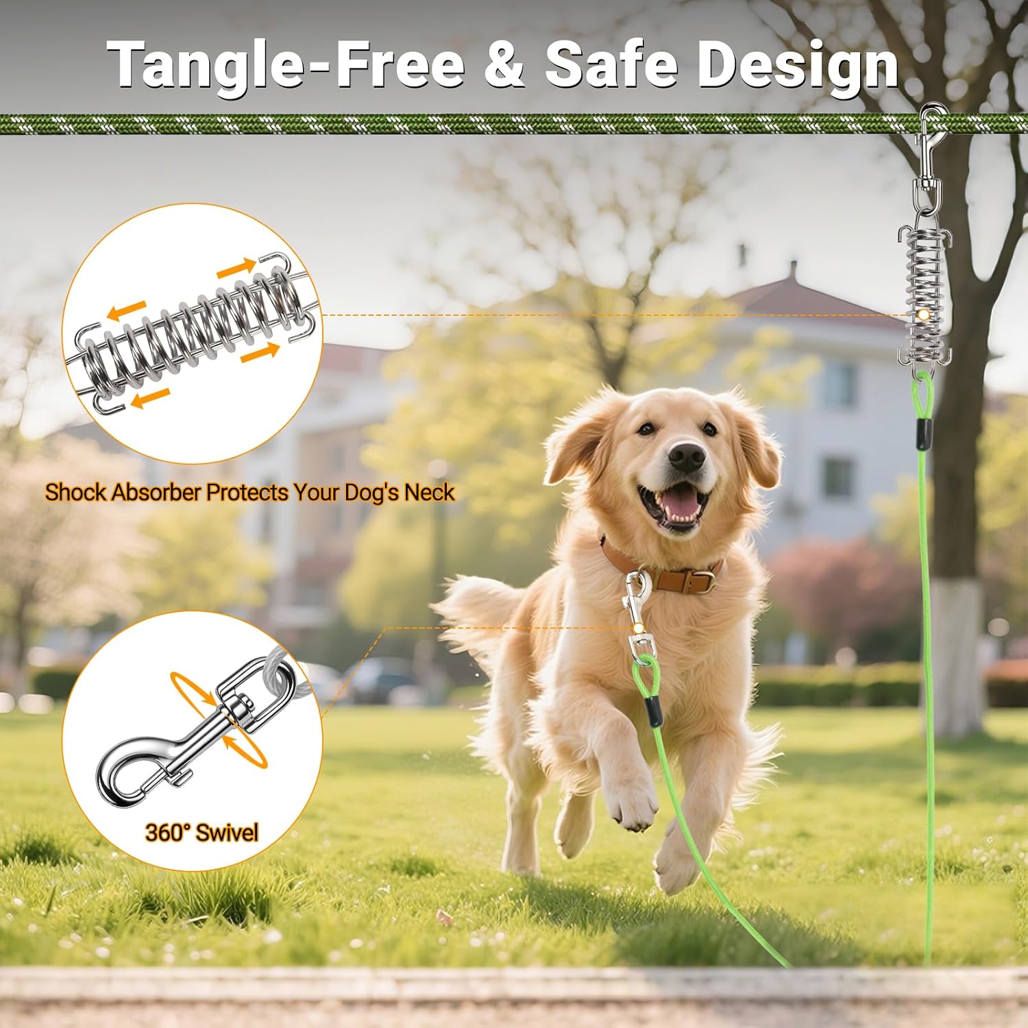 Dog Runner Trolley Cable: 50FT Heavy Duty Zipline for Yard & Camping with 10Ft Tie-Out & Shock Spring - Up to 200LBS