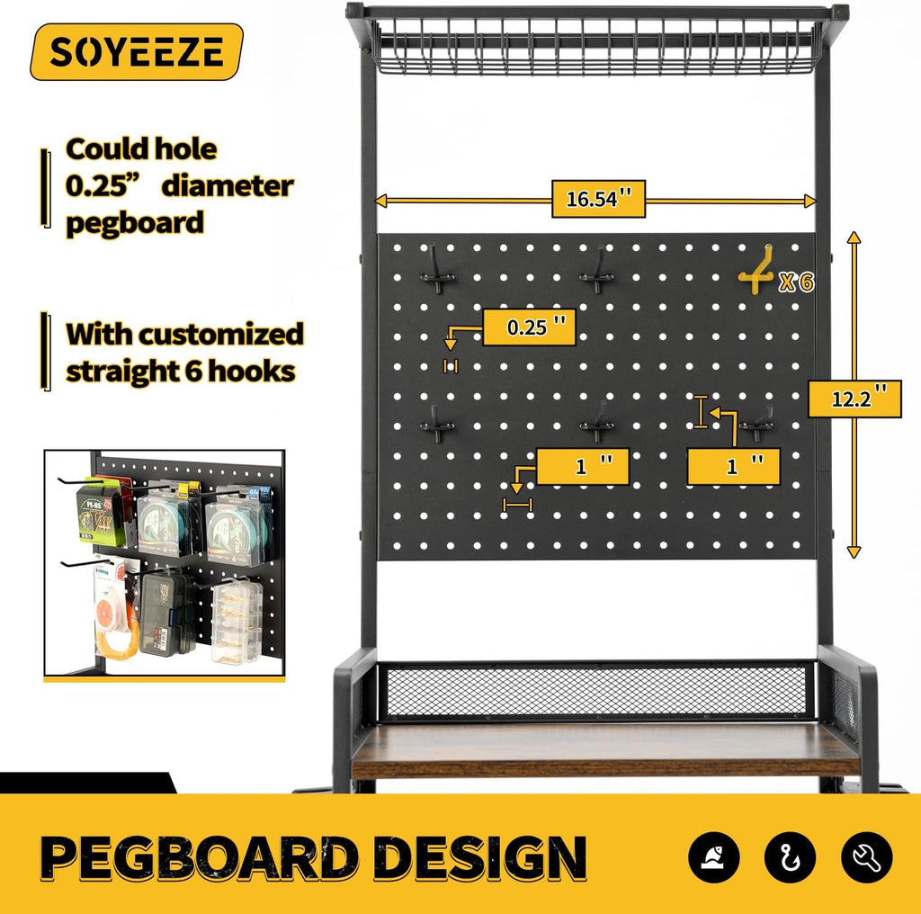 SOYEEZE Fishing Rod Holders for Garage,Fishing Gear Holder for Fishing Rod Tackle Box Storage，Fishing Pole Holders for 12 Rods with Hooks and Pegboard,Fishing Stand with Reel Rack, Standard Size