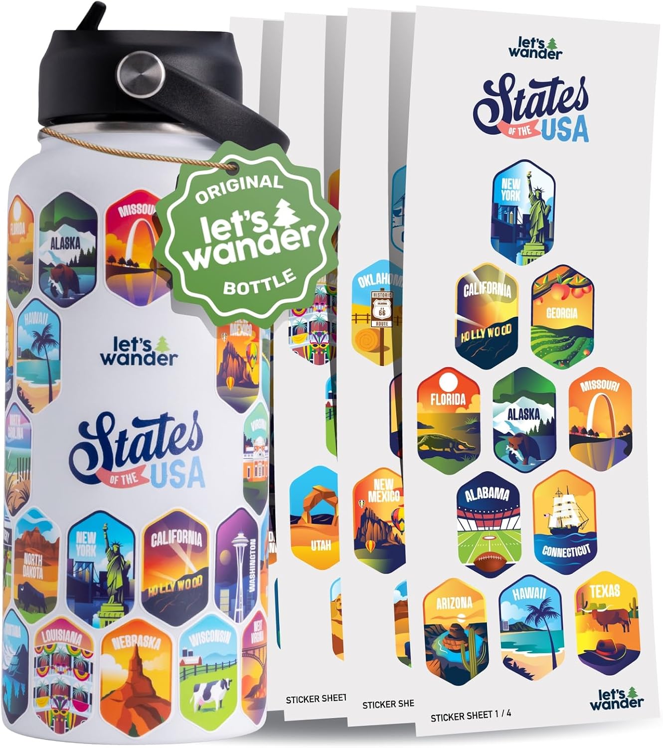 LET'S WANDER Lets Wander 50 States Water Bottle with Waterproof Stickers - 32oz Leakproof Insulated Stainless Steel with Straw - States of the USA Gift Bottle (Black)
