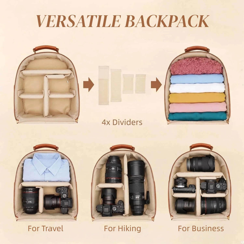 Small Camera Backpack, Classic PU Leather for DSLR, Professional Camera Bag for Photographers with 11 Inch Pad/Tablet Compartment, 10L Brown