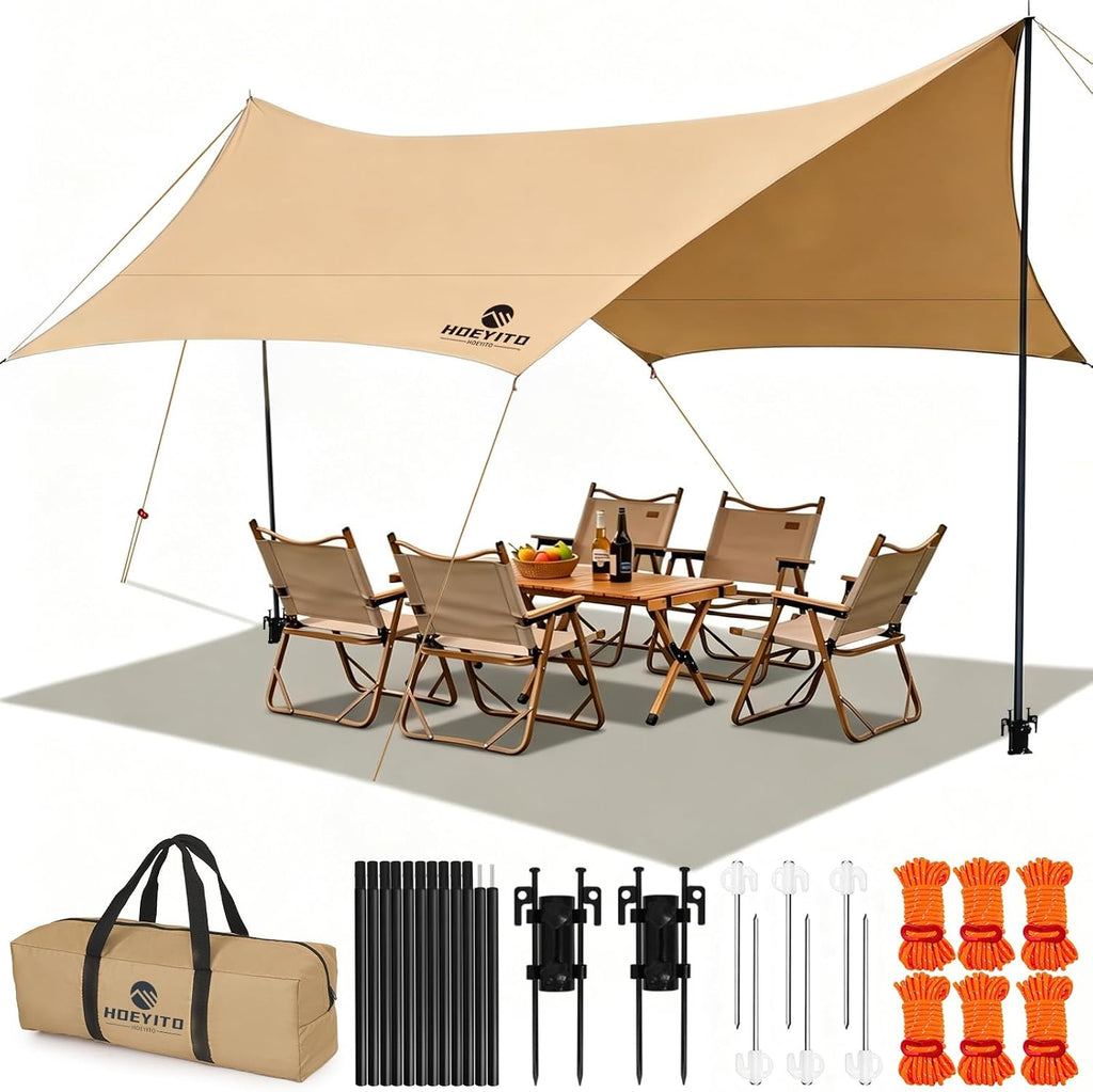 Camping Tarp with Poles & Retainer, 14.5x11FT PU9000mm Waterproof 210D Oxford Cloth Camping Awning, UV Blocking Rate 99.99% Camping Canopy Tent Tarp for Outdoor, Hammock, Car, Picnic (Khaki)