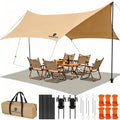 Camping Tarp with Poles & Retainer, 14.5x11FT PU9000mm Waterproof 210D Oxford Cloth Camping Awning, UV Blocking Rate 99.99% Camping Canopy Tent Tarp for Outdoor, Hammock, Car, Picnic (Khaki)