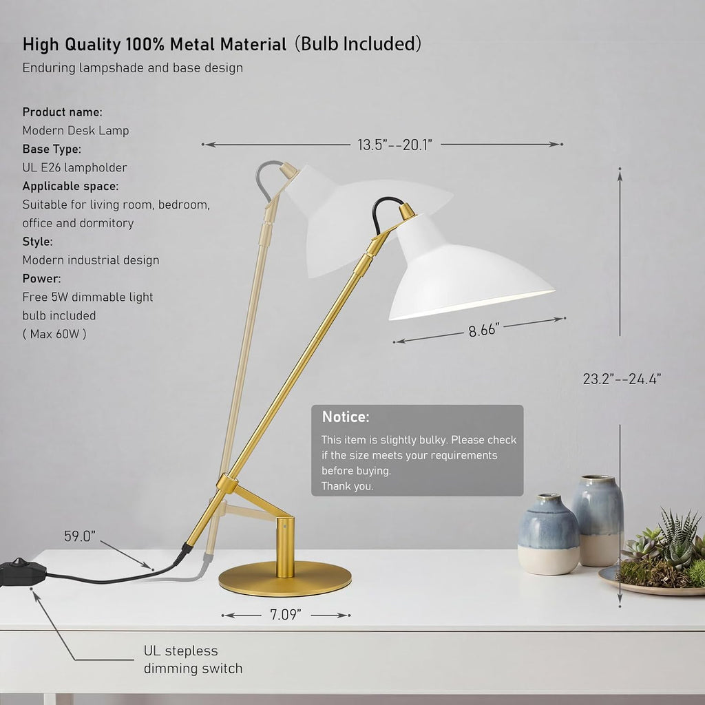 Desk Lamp Modern Industrial 100% Metal Adjustable Table Lamp 24", Natural Light (4000K) with Dimmer, Ideal for Office Bedroom Study Room Living Room Nightstand Bedside Lamps White+Brass