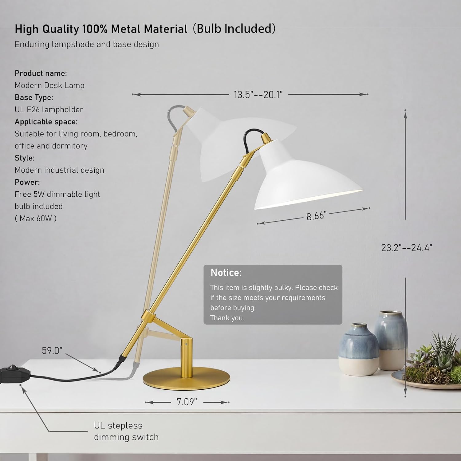 Desk Lamp Modern Industrial 100% Metal Adjustable Table Lamp 24", Natural Light (4000K) with Dimmer, Ideal for Office Bedroom Study Room Living Room Nightstand Bedside Lamps White+Brass
