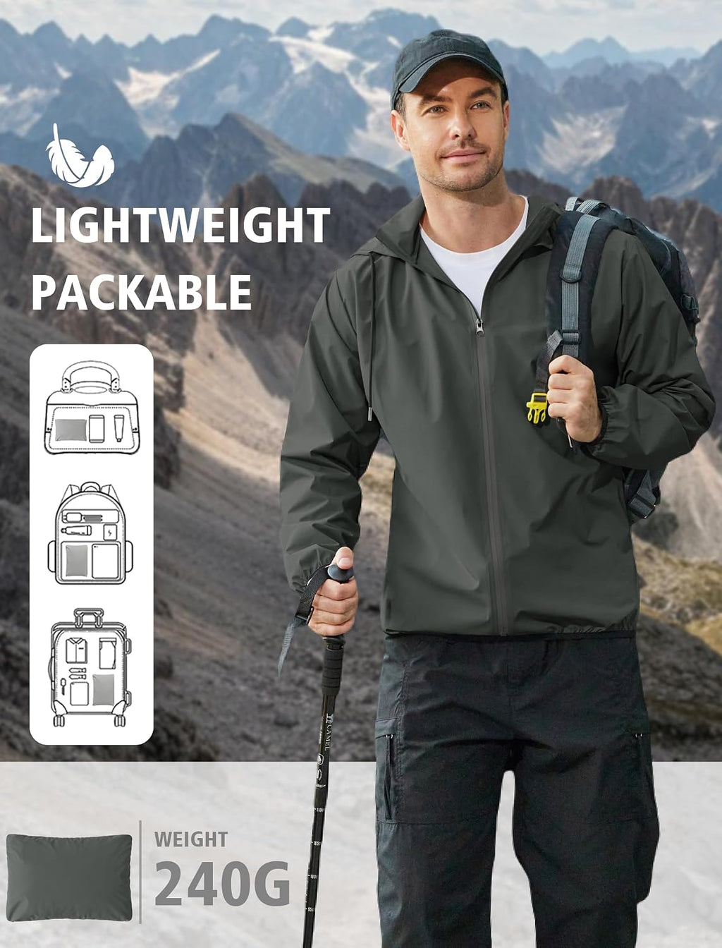 COOFANDY Men's Light Rain Jacket Packable Waterproof Raincoat Windbreaker