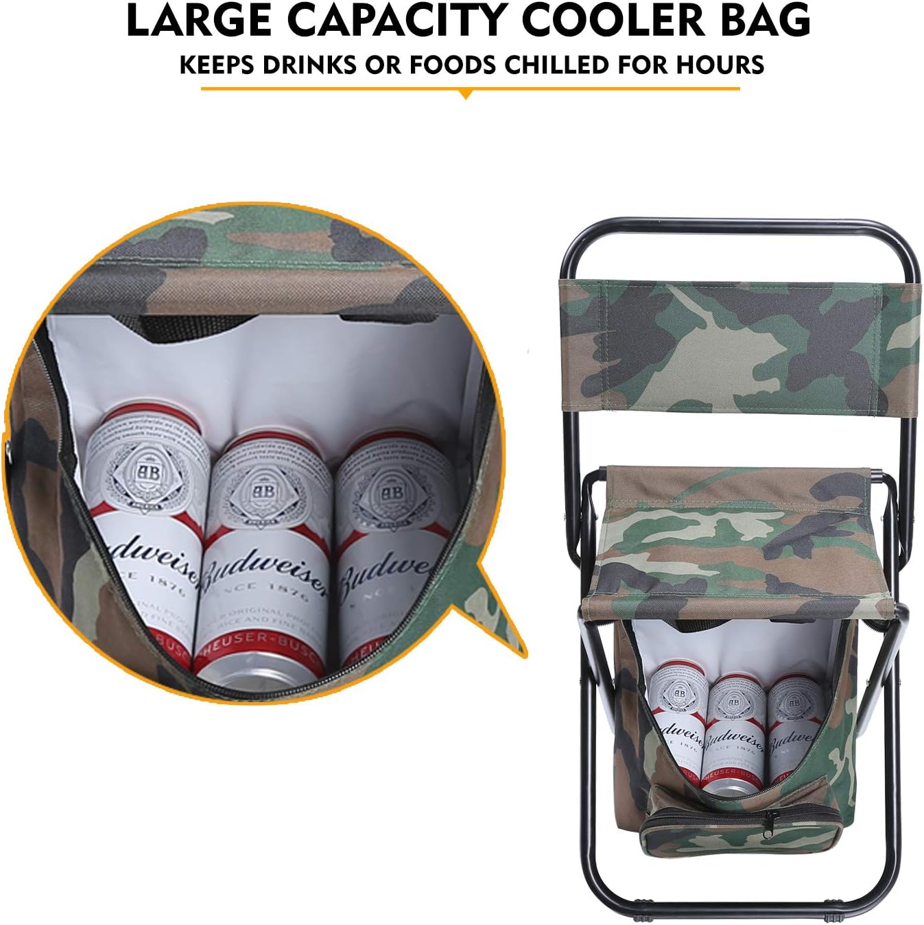 LEADALLWAY Fishing Chair with Cooler Bag Compact Fishing Stool Foldable Small Hunting Chair 12.2" Seat Depth,12.6" Seat Width