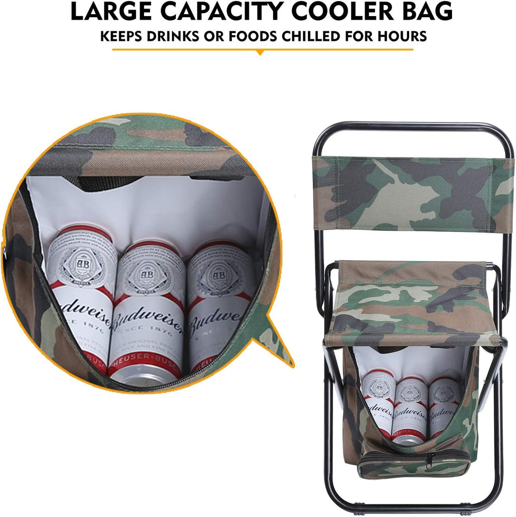 LEADALLWAY Fishing Chair with Cooler Bag Compact Fishing Stool Foldable Small Hunting Chair 12.2" Seat Depth,12.6" Seat Width
