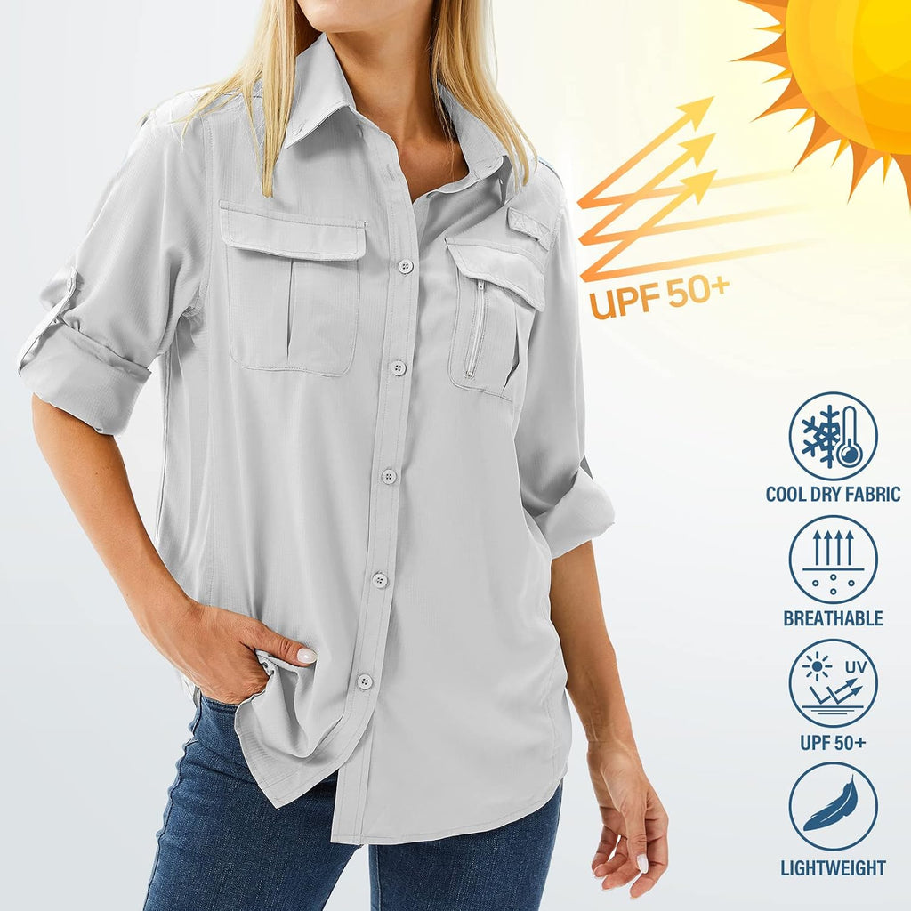 Women's UPF 50 Long Sleeve Sun Protection Safari Fish Hiking Shirts