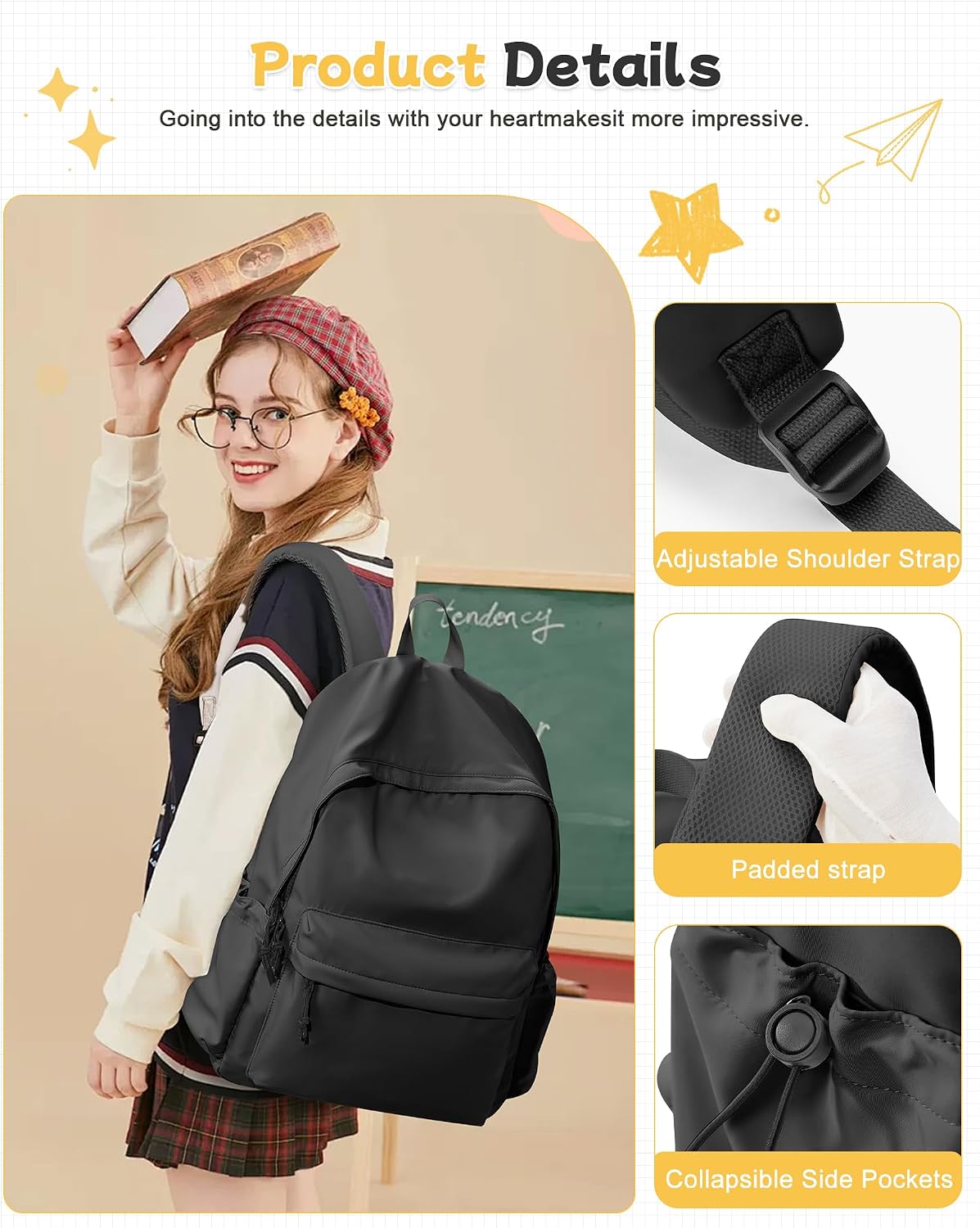 BJLFS Black Backpack for Men Women Large, Gym Backpack for Women Foldable Outdoor Weekender Gym Bag, Waterproof Sports Back Pack & Dance Yoga travel Bag