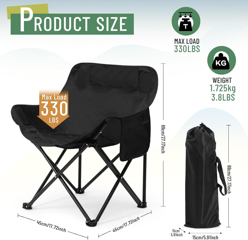2 Pack Folding Camping Chairs Portable, Black, Solid Color