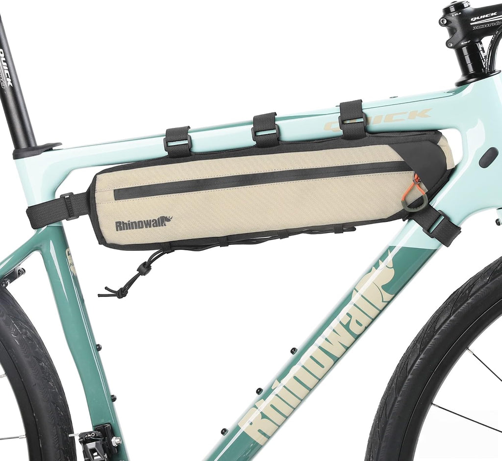 Rhinowalk Bike Frame Bag Waterproof, Top Tube Bicycle Bag with Side Compartments, Pump Holder, and Hidden Cable Port, (2.1L, Beige)
