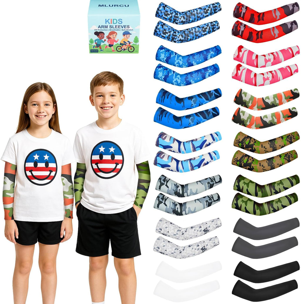 14 Pairs Arm Sleeves for Kids Youth Football Baseball Basketball UV Sun Protection Cooling Arm Sleeves for Boys Girls