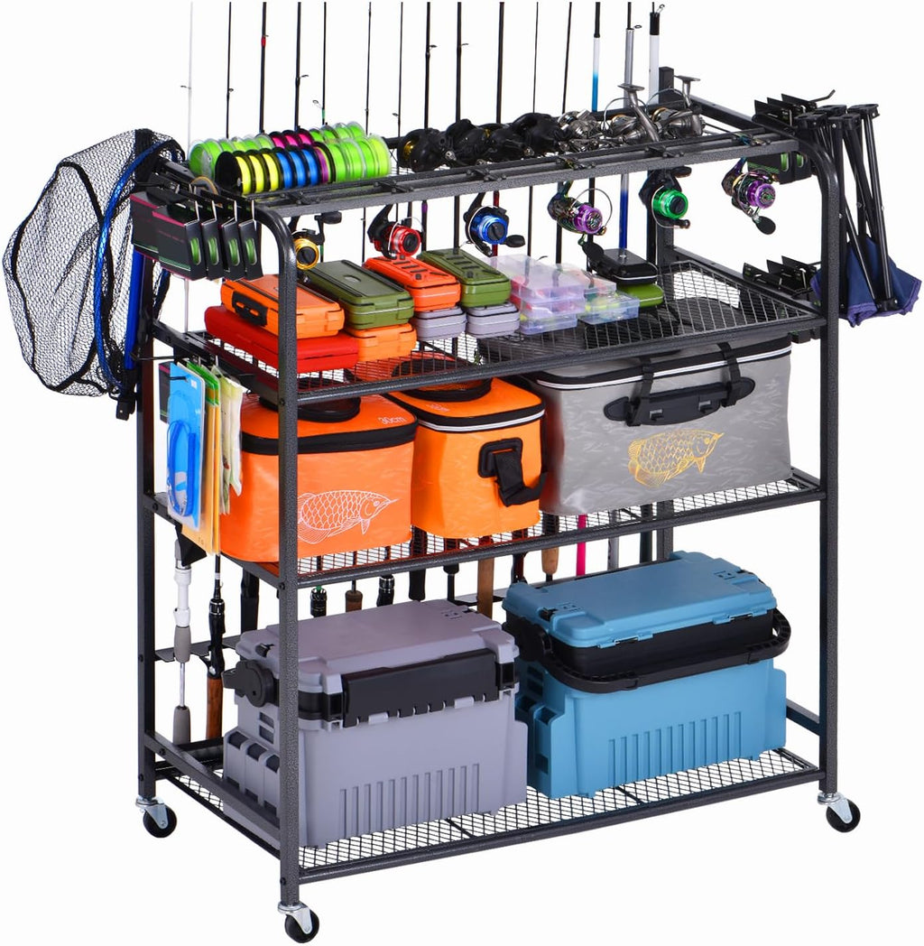 Fishing Rod Holder for Garage, Fishing Pole Holders for 15 Rods 38 * 17", Fishing Rod Rack Basement, Fishing Pole Rack Metal Black with Big Wheels, 4-Tier