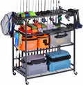Fishing Rod Holder for Garage, Fishing Pole Holders for 15 Rods 38 * 17", Fishing Rod Rack Basement, Fishing Pole Rack Metal Black with Big Wheels, 4-Tier