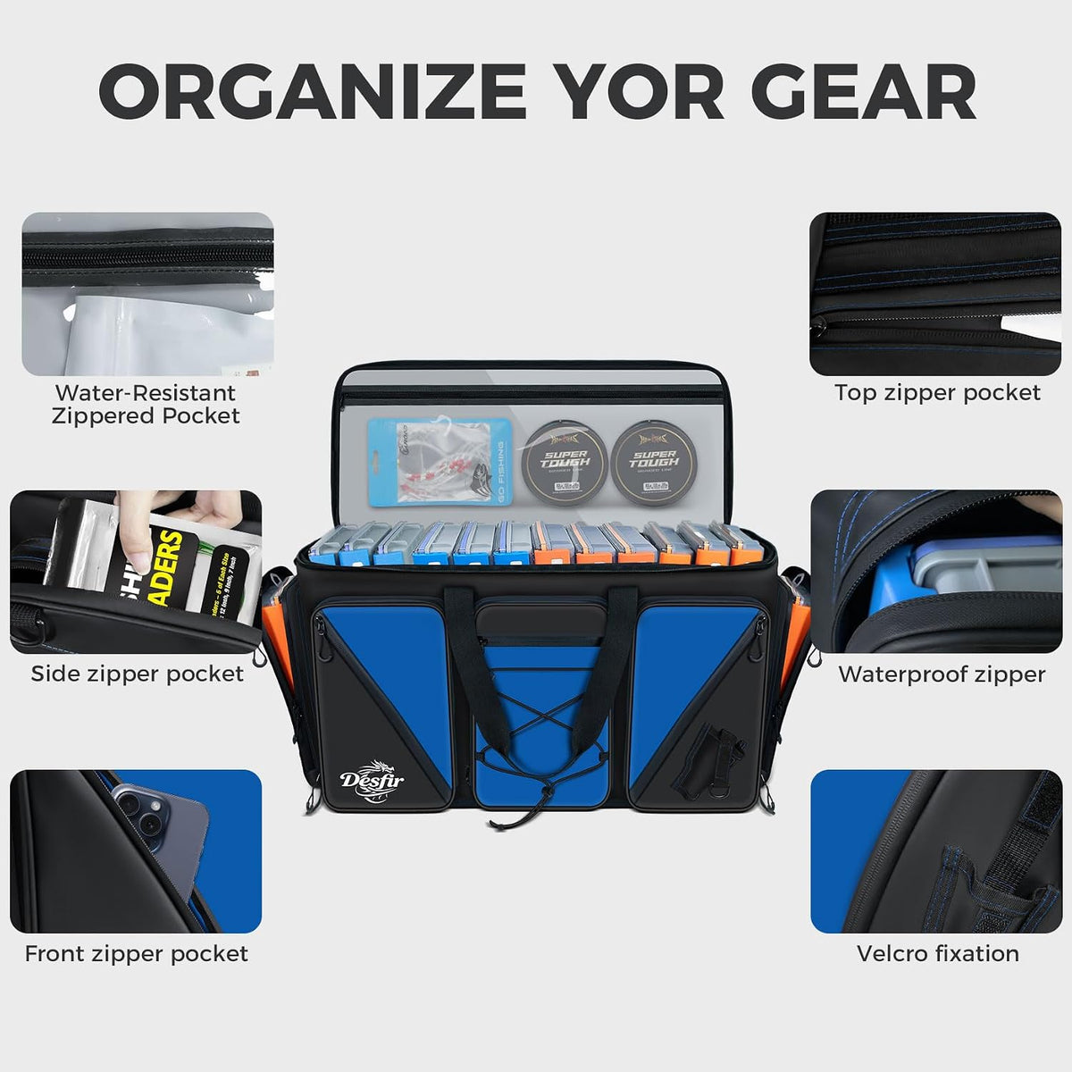 Handor Waterproof Fishing Tackle Bag, Large Saltwater Resistant Storage, 1000D PVC Material, Holds 3600 3700 Trays (Black and Blue, Large Bag)