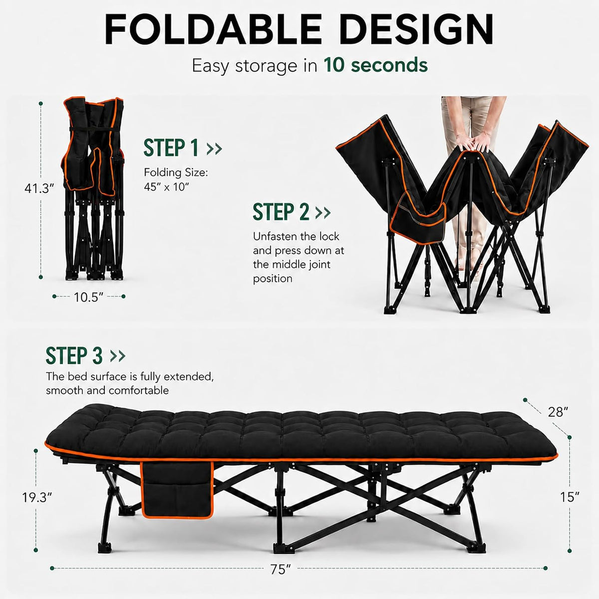 Redeer Camping Cot with Mattress 900LB, Heavy Duty Cots for Adults 75"x28" 1200D Oxford Folding Cot, Pad Bed for Camping, Home, Hospital Care, Office, Beach, Pool, Hiking, Carry Bag(Black)