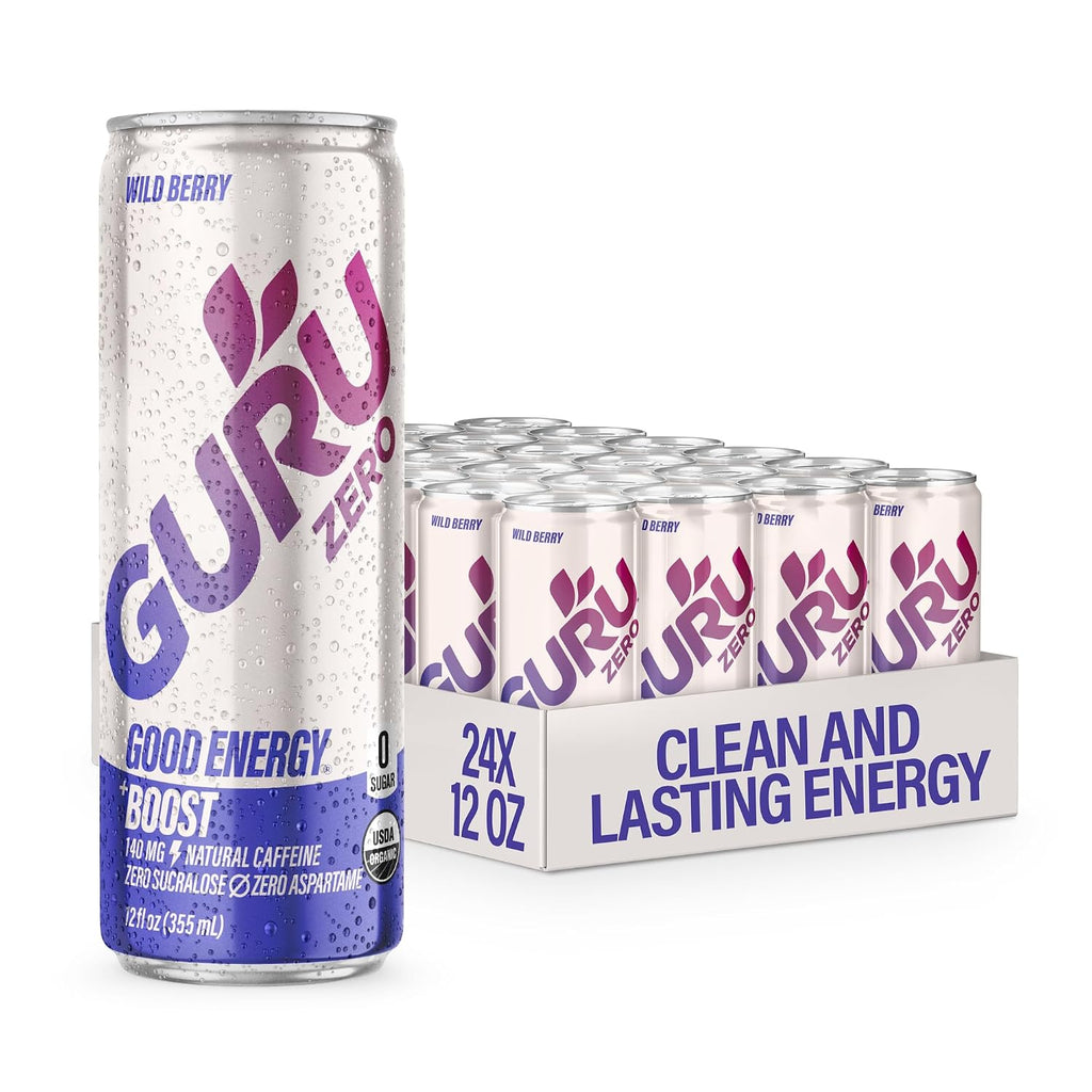 GURU Zero Sugar Organic Energy Drink, Wild Berry, 12 Fl Oz, 24 Pack