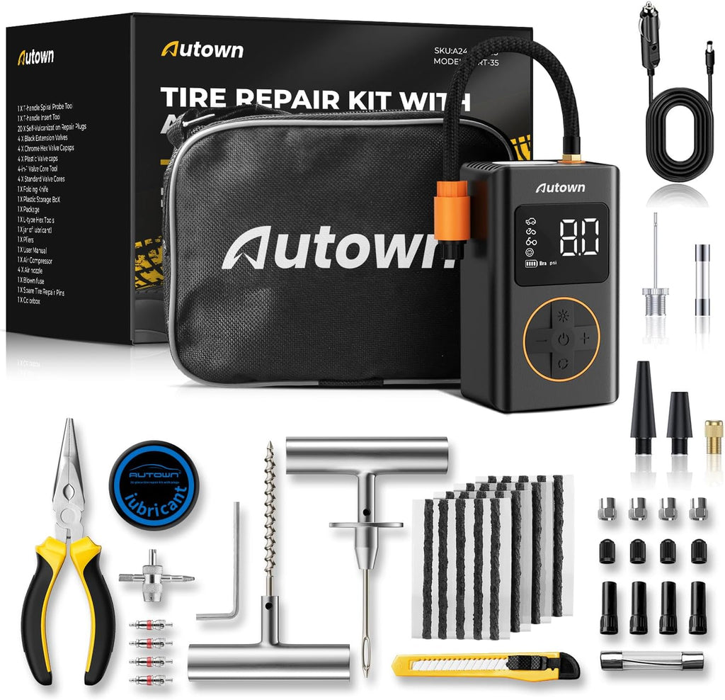 AUTOWN Flat Tire Repair Kit with Air Compressor, Professional Tire Plug Kit
