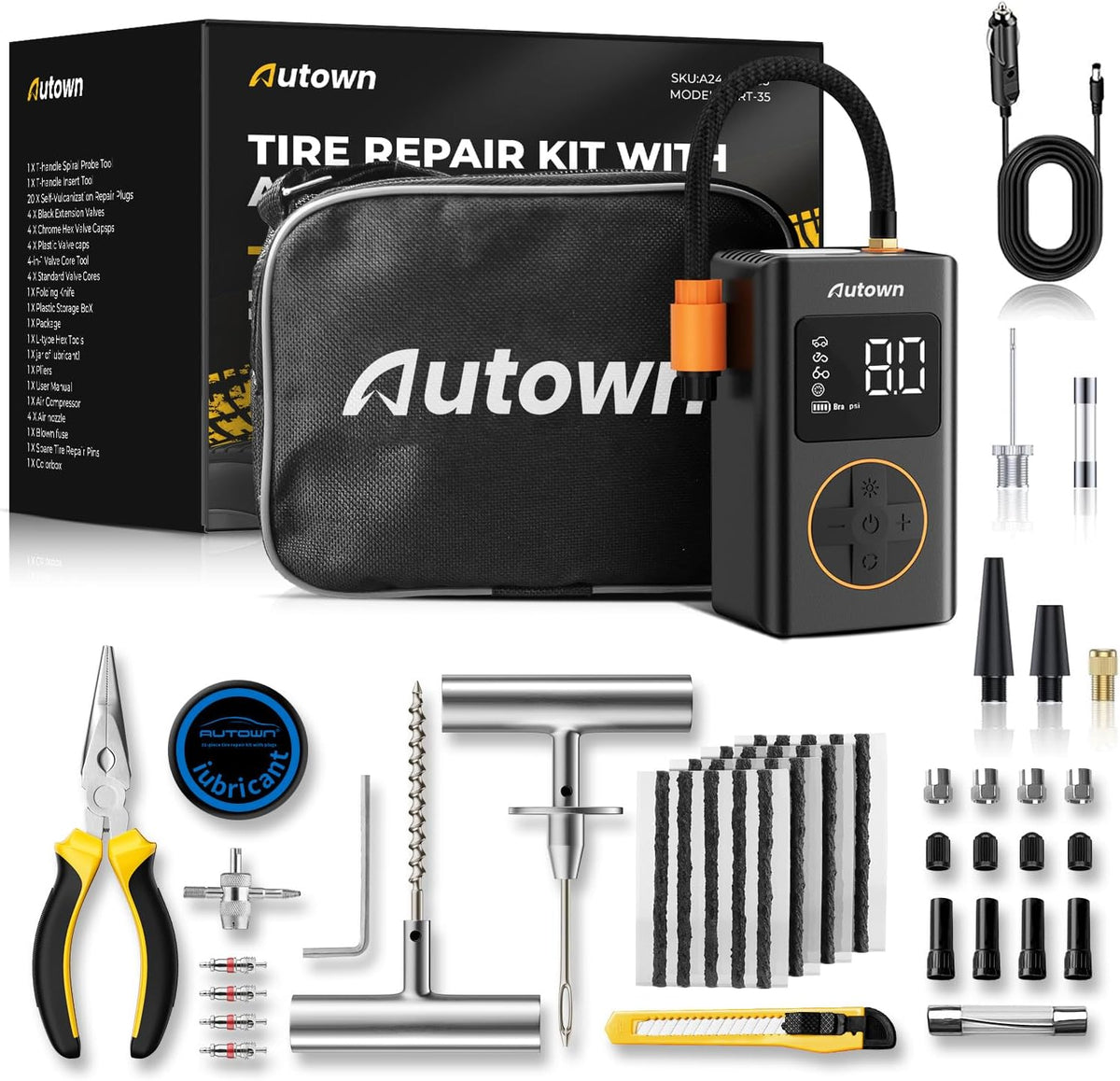 AUTOWN Flat Tire Repair Kit with Air Compressor, Professional Tire Plug Kit
