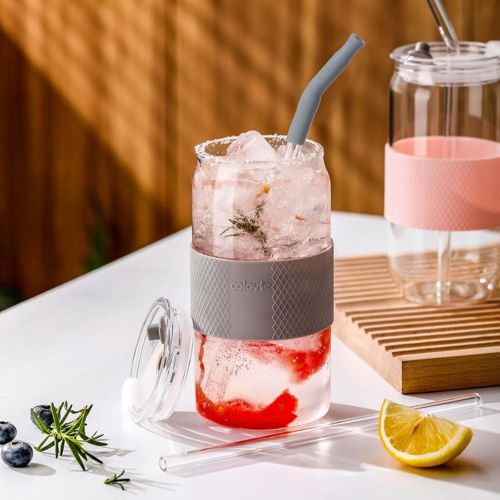 ColoVie 20oz Mixed Drinking Glasses with 6 Colors, Thicken Reusable Glass Tumblers with Lids and Straws, Removable Silicone Sleeve for Hot or Iced Drinking, Unique Colorful Glass Cups