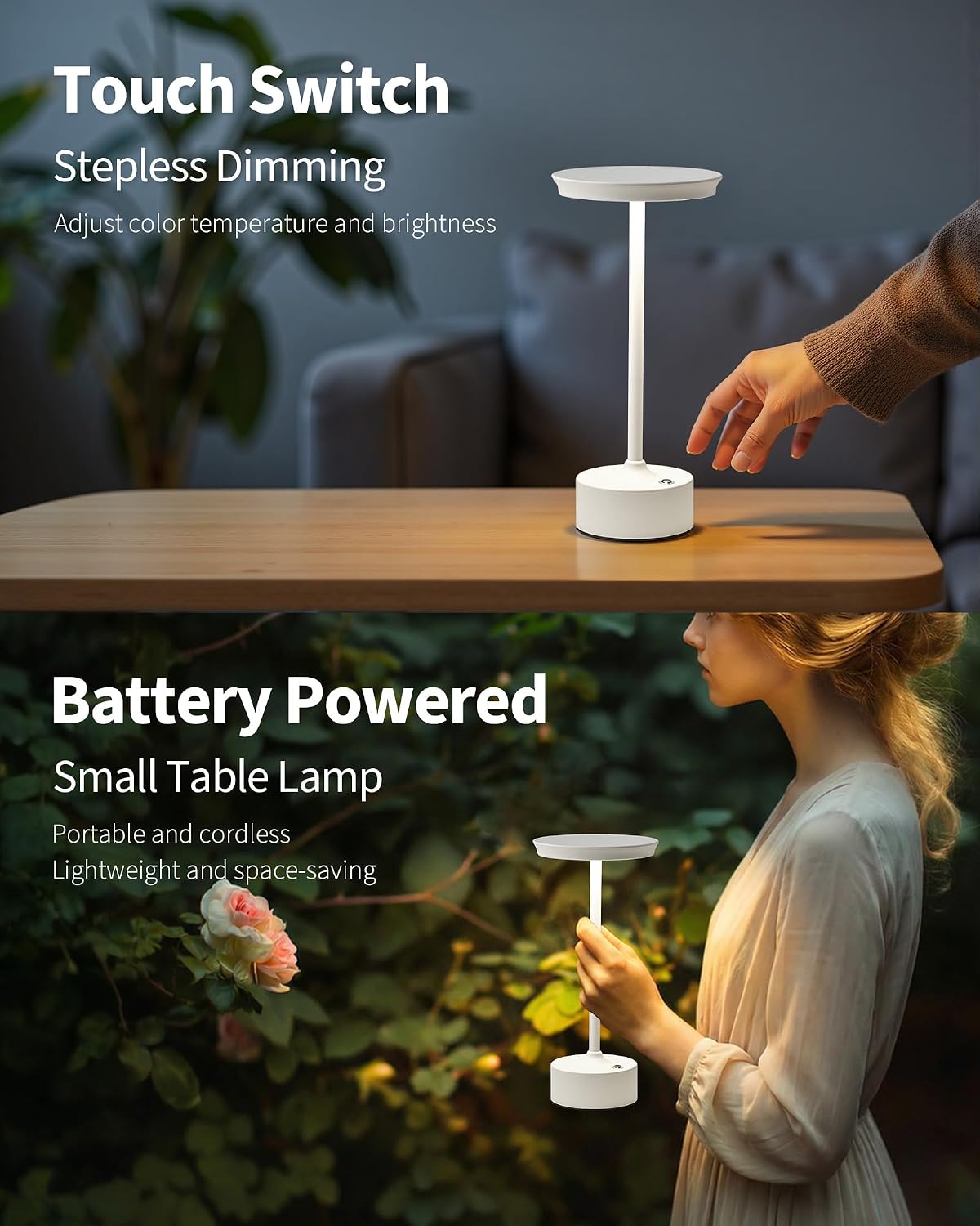 PUSU Rechargeable Table Lamps Set of 2, White Cordless Portable Desk Lamp