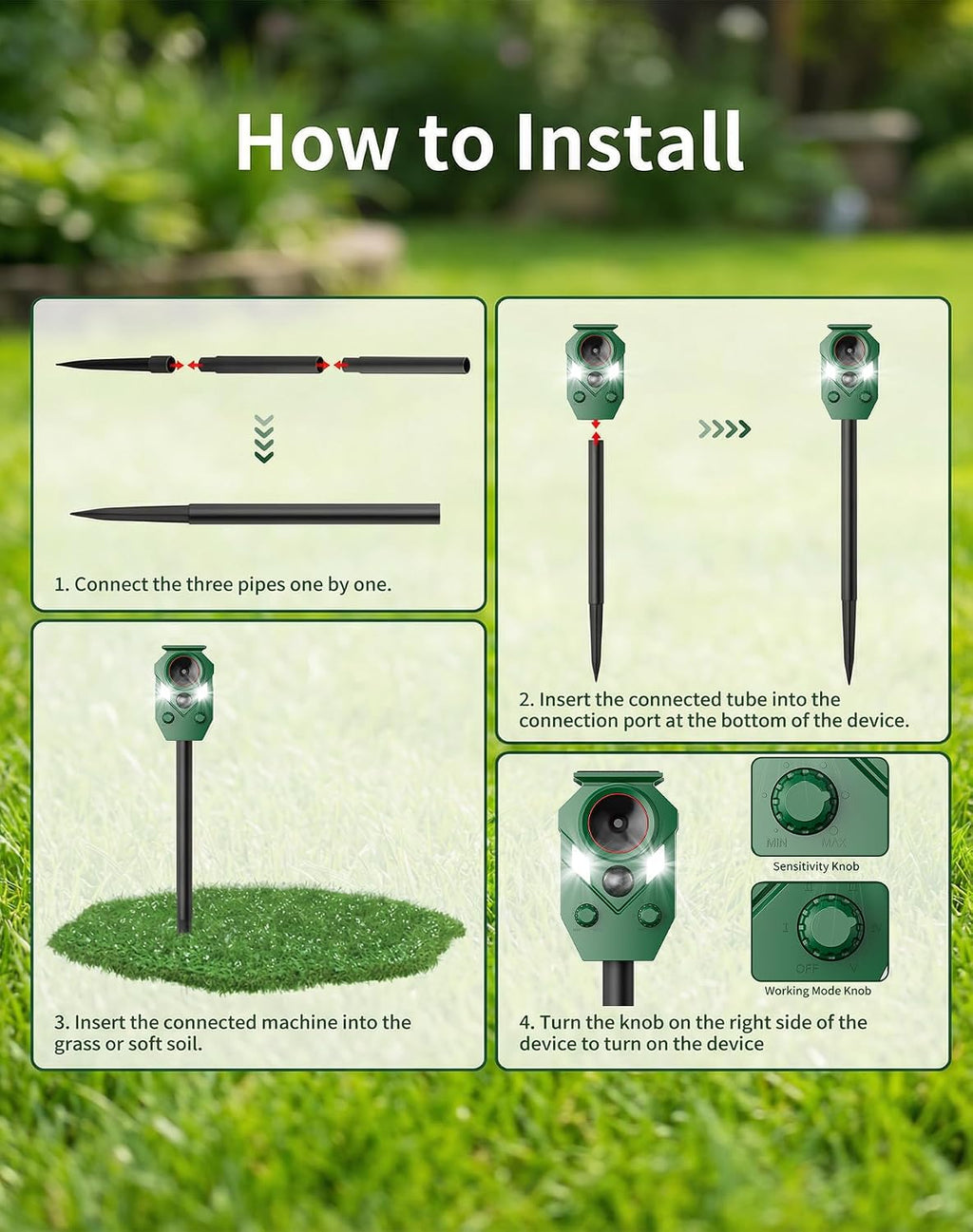 4 Pack Solar Powered Ultrasonic Animal Repellent Outdoor, Motion Activated Deer Repellent Devices with Flashing Lights, Waterproof Cat Repellent Outdoor, Repels Dog, Raccoon, Coyote for Garden & Lawn