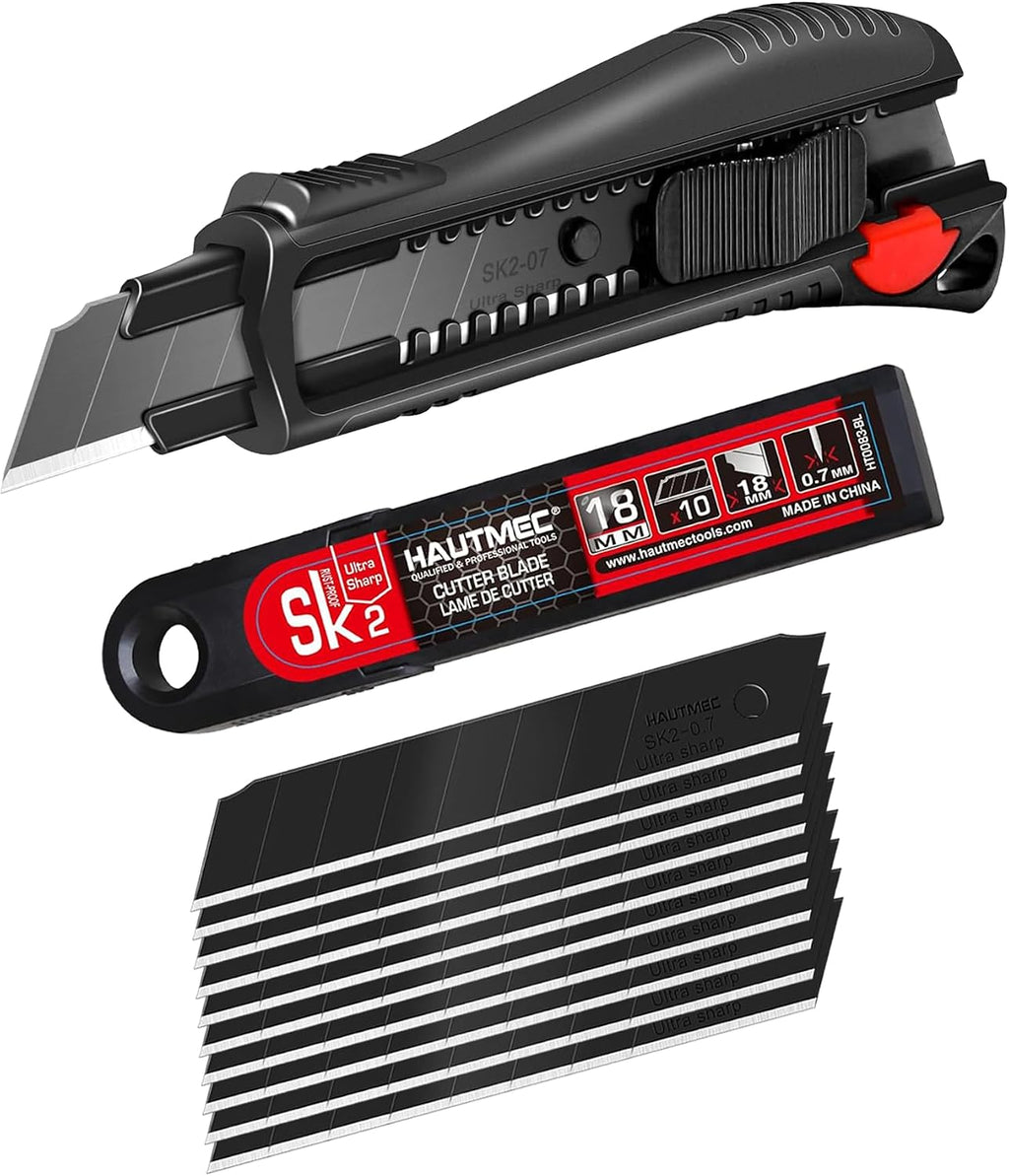 HAUTMEC 18mm Soft Grip Auto-Lock Utility Knife With Red Safety Switch, Sturdy Cutter with Ultra Sharp Black Snap-off Blade HT0081-2PC