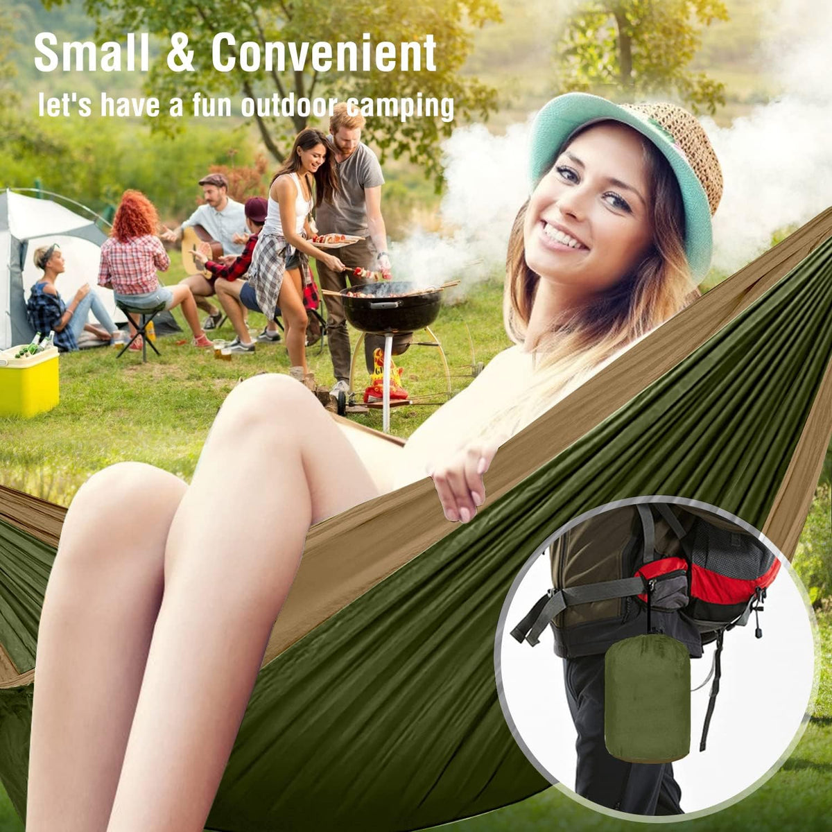 Hammock Camping, Portable Single/Double Hammocks for Outdoor Hiking Travel Backpacking - 210D Nylon Hammock Swing for Backyard & Garden (Green/Khaki)
