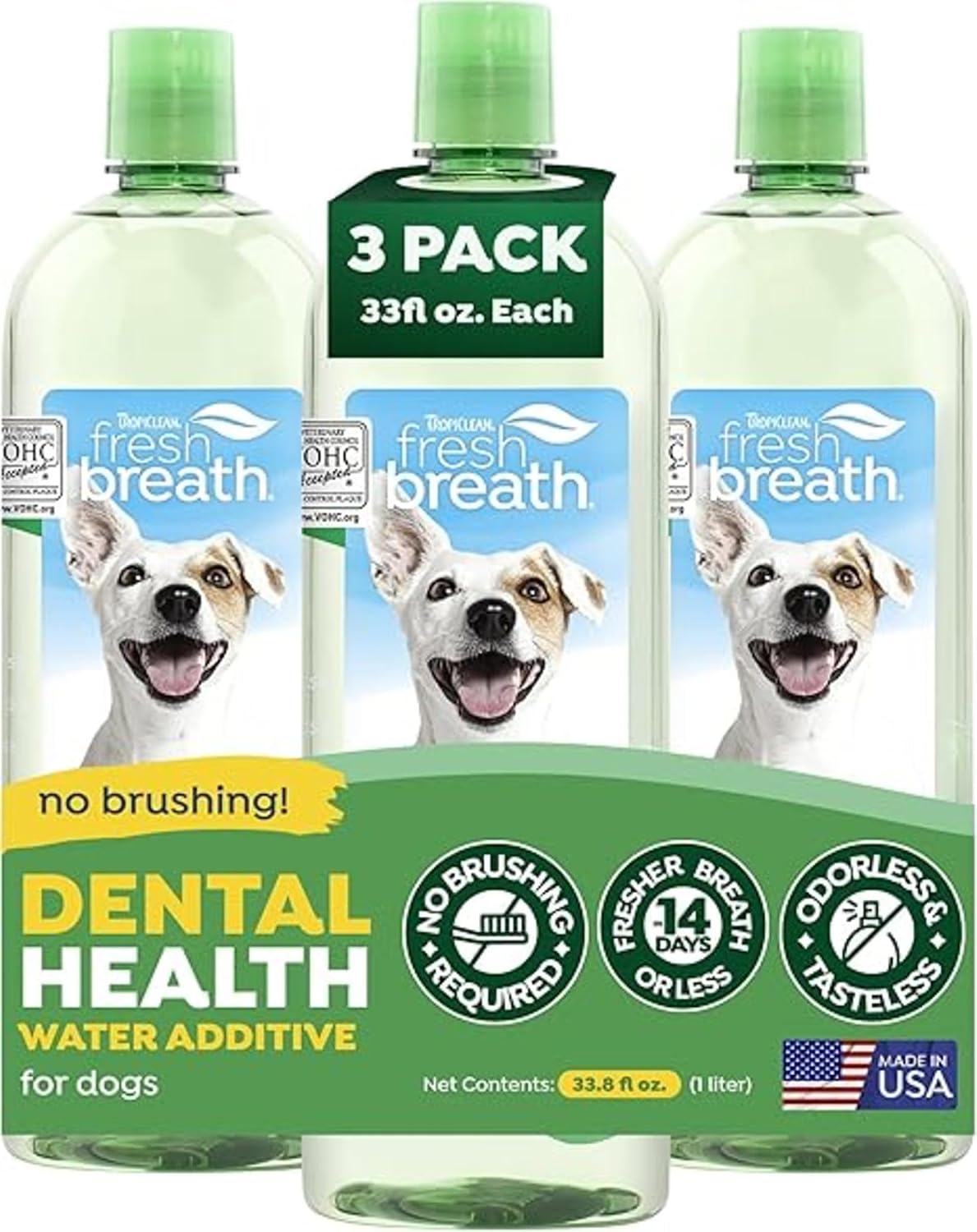 TropiClean Fresh Breath Dental Water Additive, Dog Breath Freshener, 33.8oz