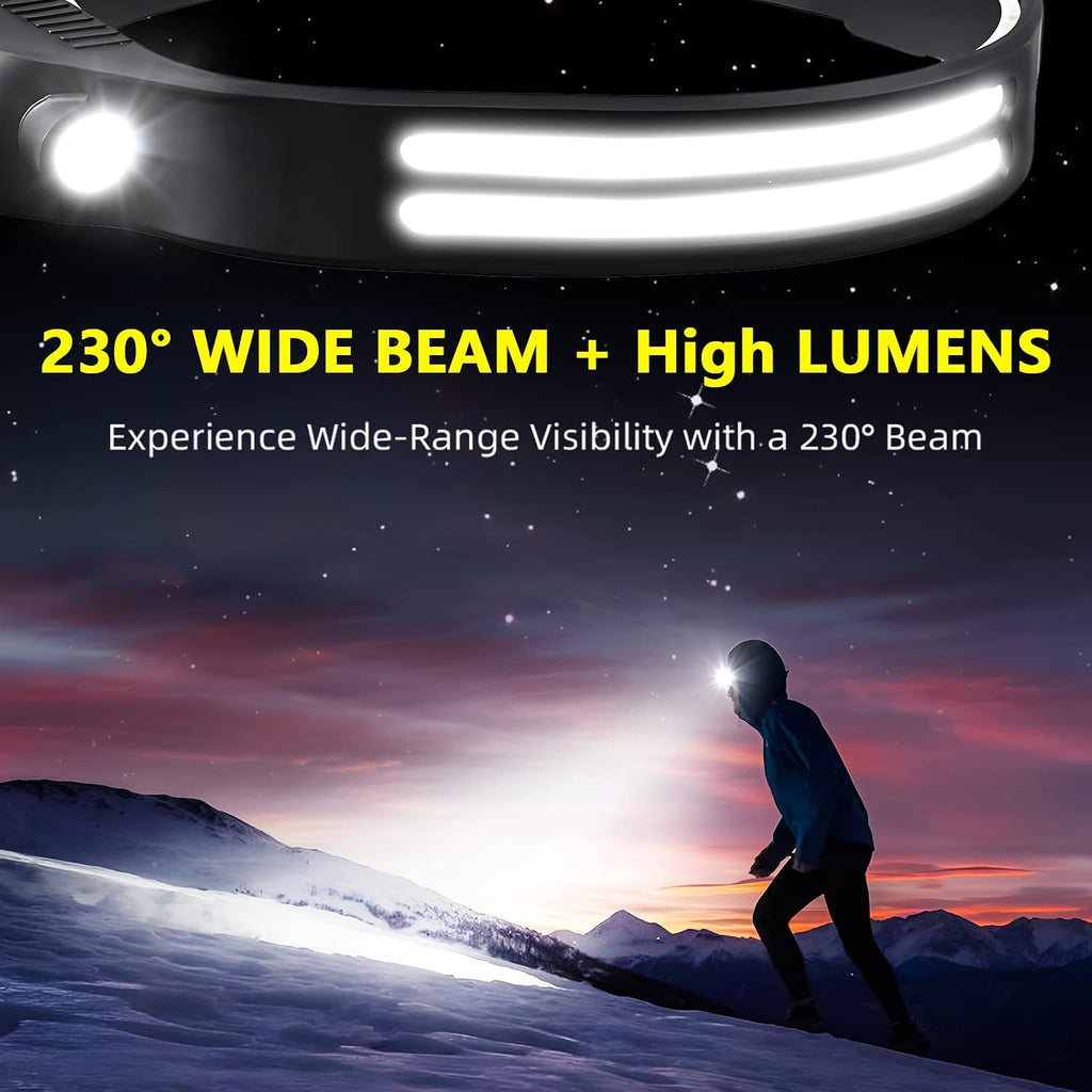 Beccason LED Headlamp Rechargeable 6PCS - 230° COB Super Bright Head Lights for Forehead, Hard hat Light for Adults, USB C Headband Flashlight for Work, Hiking, Running, Camping Essentials Gear