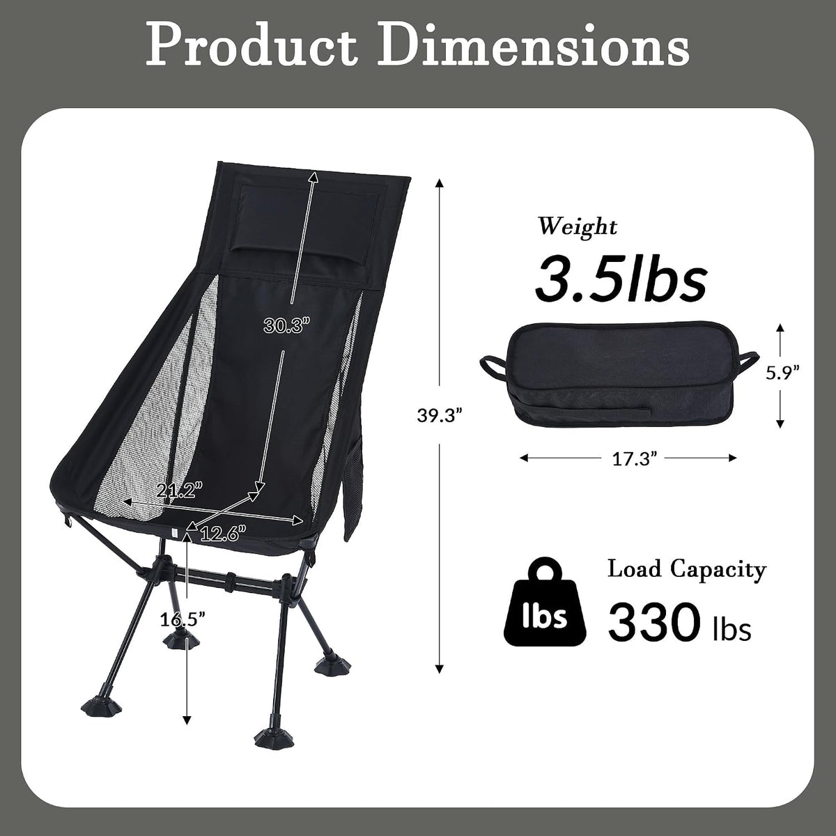 High Back Lightweight Folding Backpacking Camping Chair for Adults