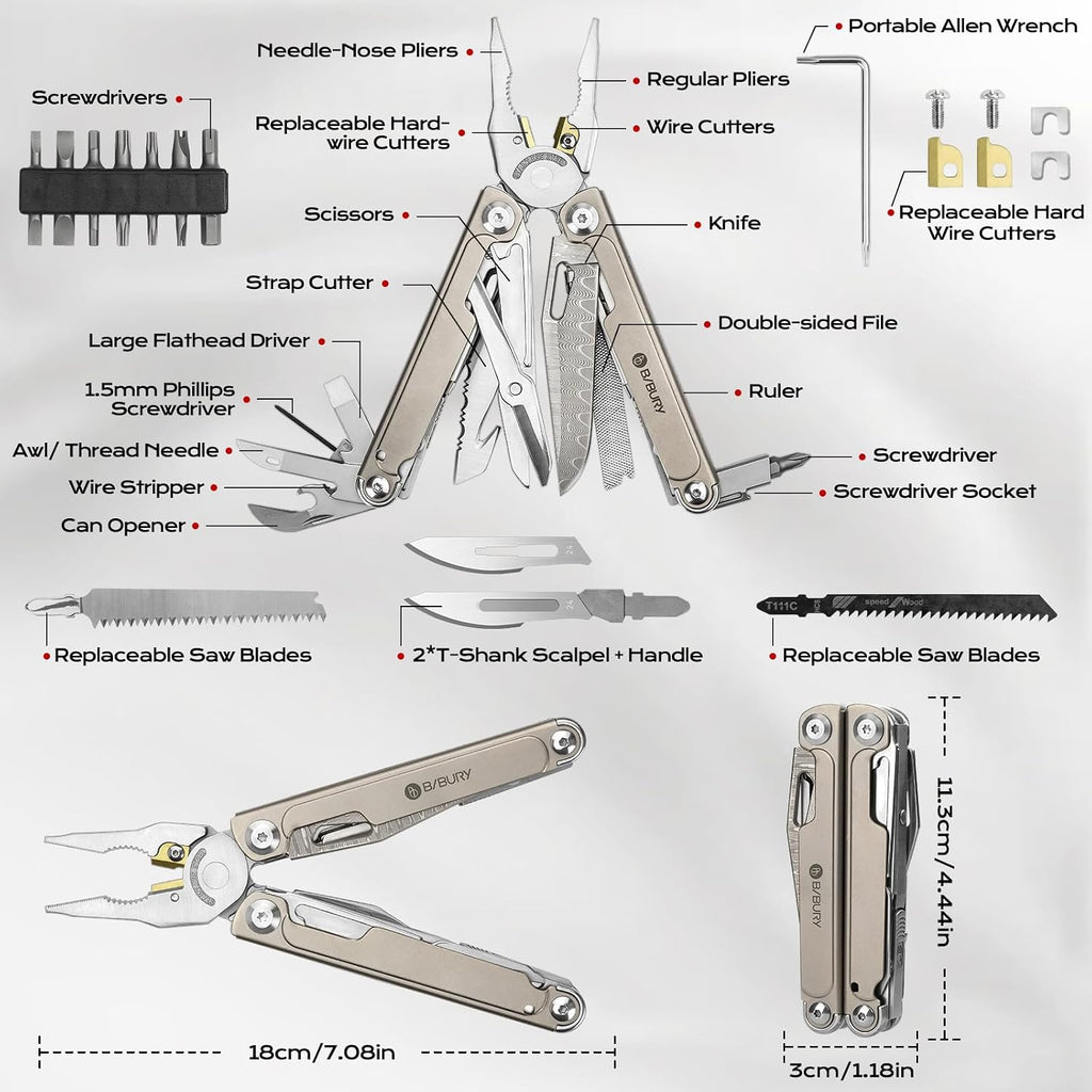 BIBURY Titanium Alloy Multitool with Damascus Knife & Scissors, BI2049TI