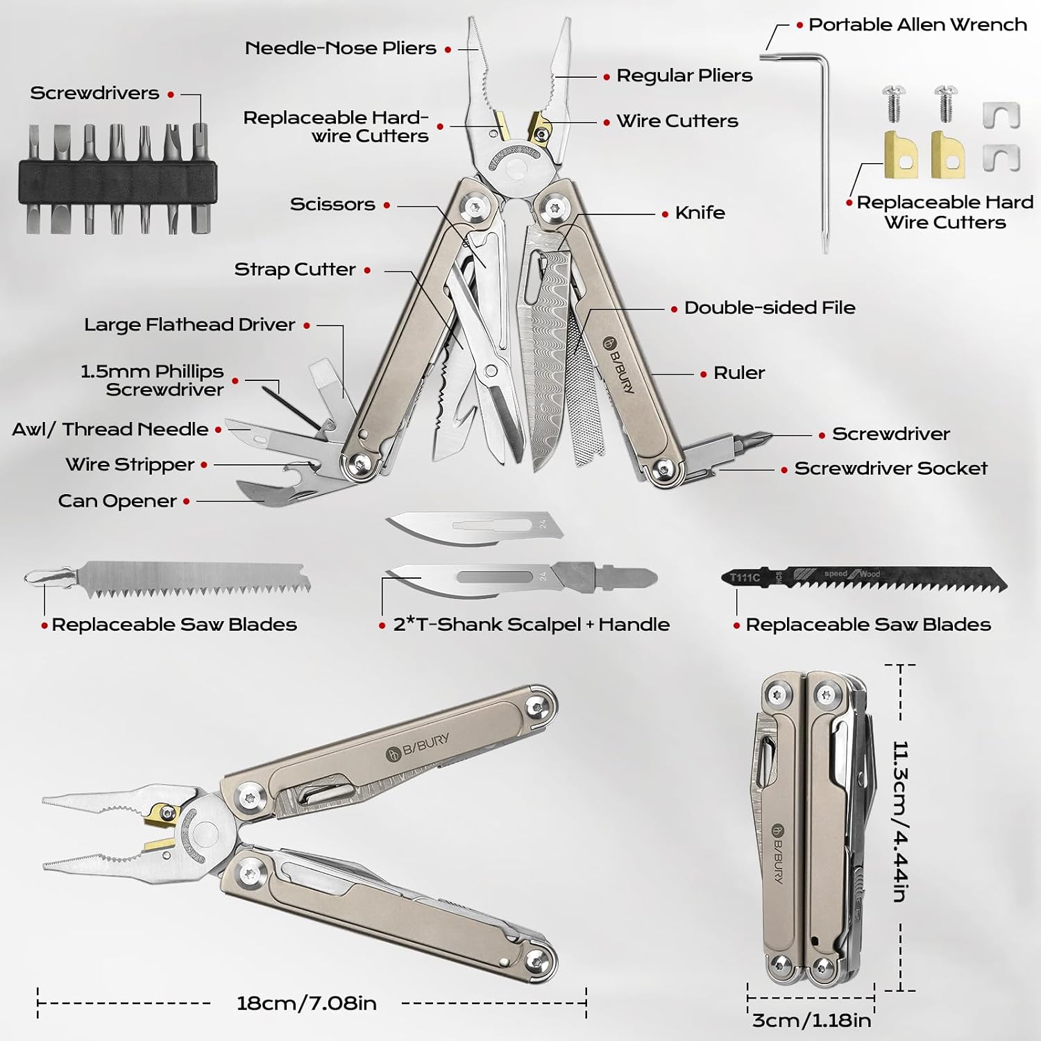 BIBURY Titanium Alloy Multitool with Damascus Knife & Scissors, BI2049TI