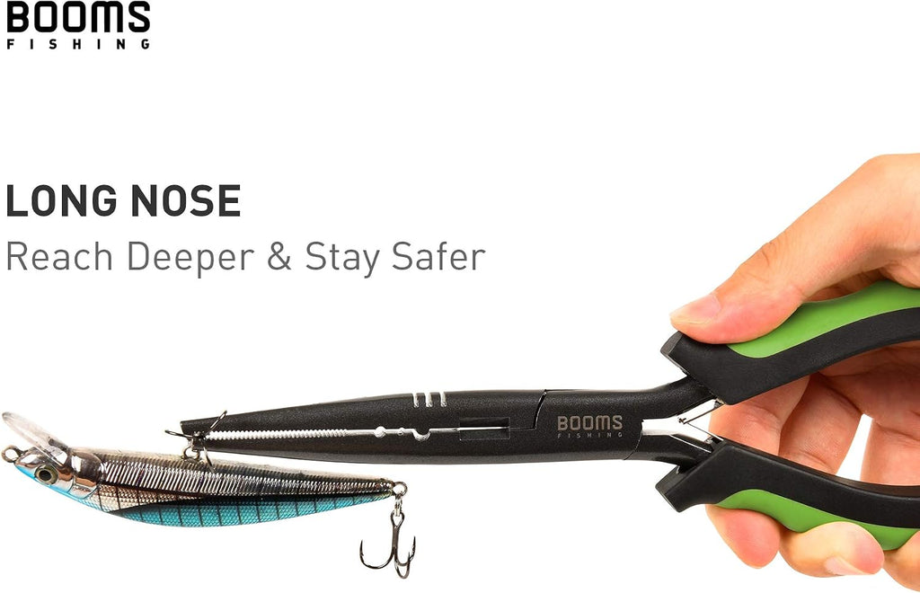 Booms Fishing F03 Needle Nose Fishing Pliers, 9" Fisherman's Pliers, Long Nose Hook Remover, Saltwater Resistant Fishing Gear, Green