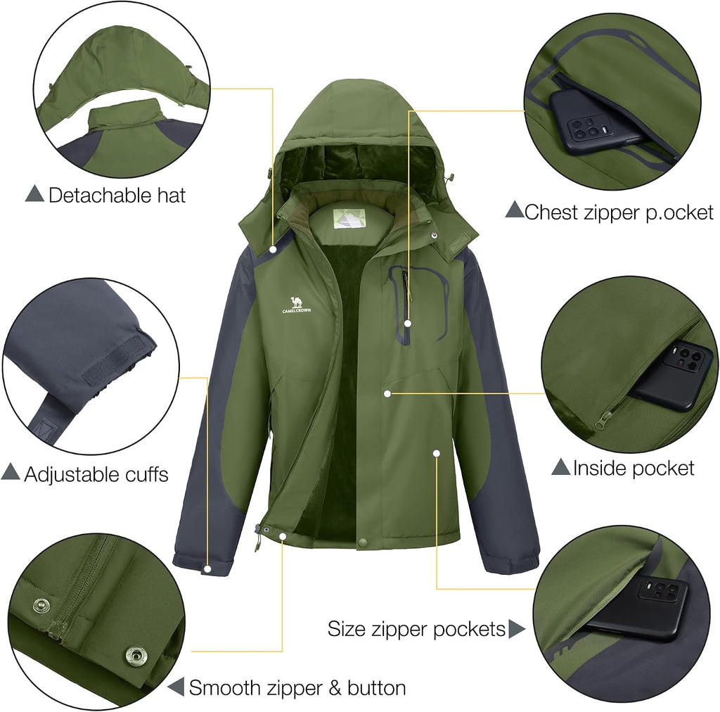 CAMELSPORTS Mens Winter Jacket Waterproof Warm Snow Ski Jackets Faux Fur Fleece Rain Coats with Removable Hood