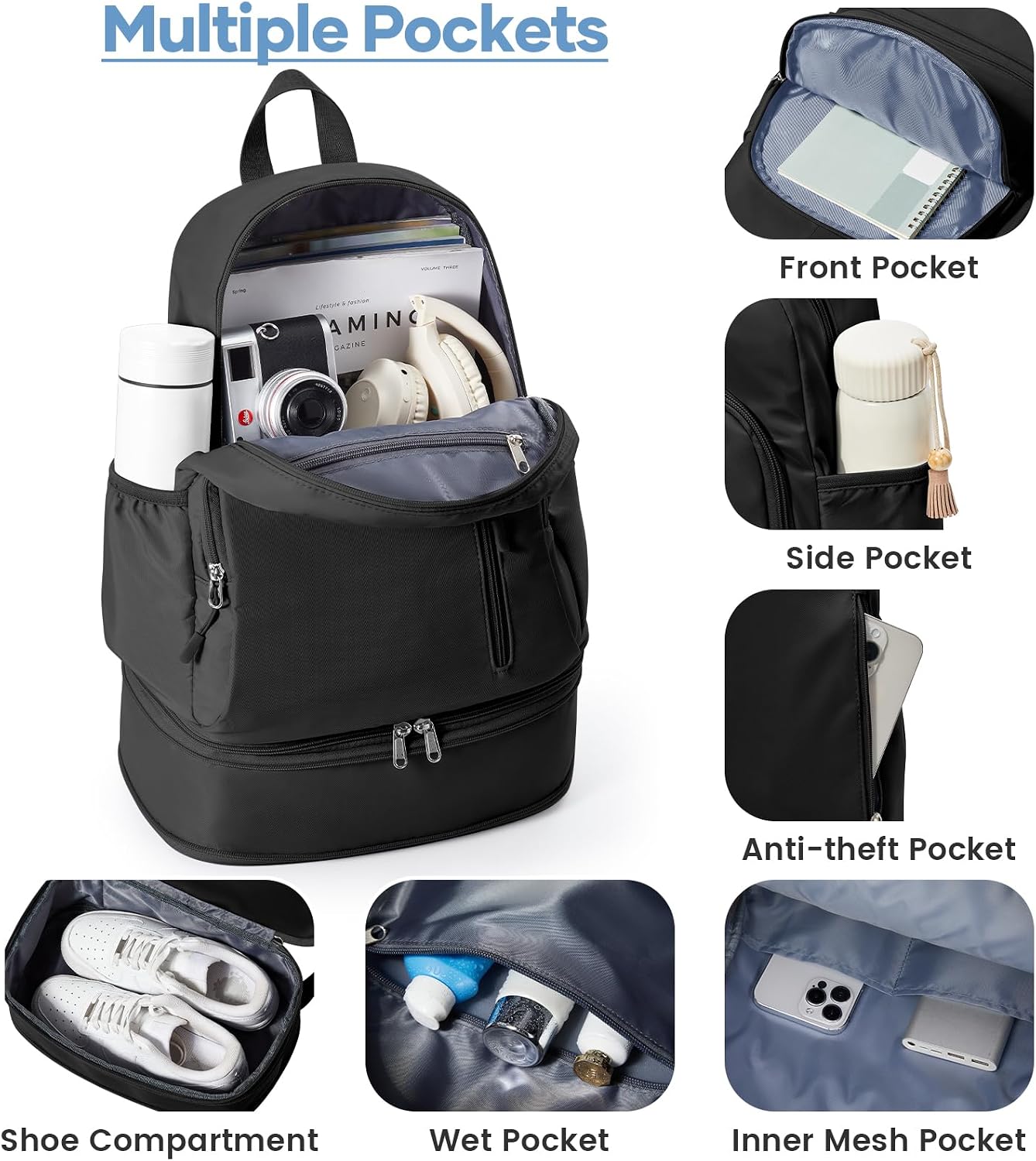 Black Gym Backpack for Women Men,Dance Sport Backpack With Shoe Compartment