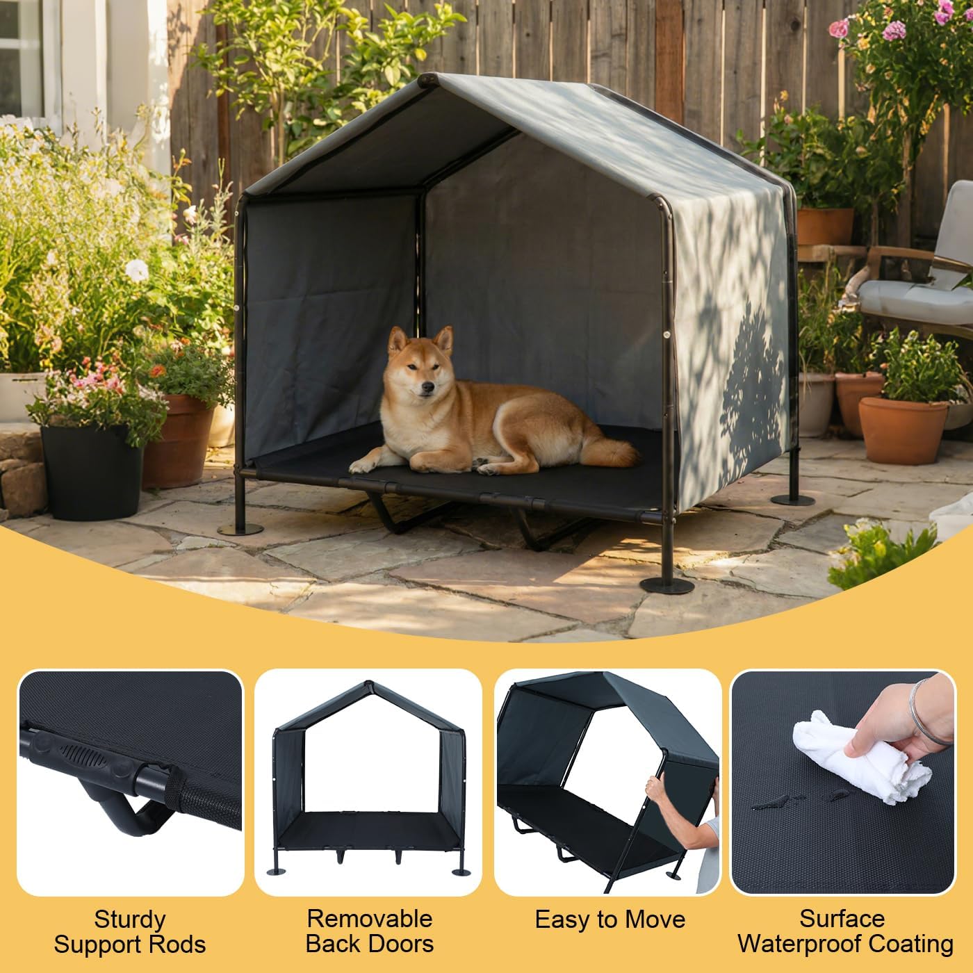 Large Dog Shade with Elevated Dog Bed, Waterproof Dog Tent with Back Cover
