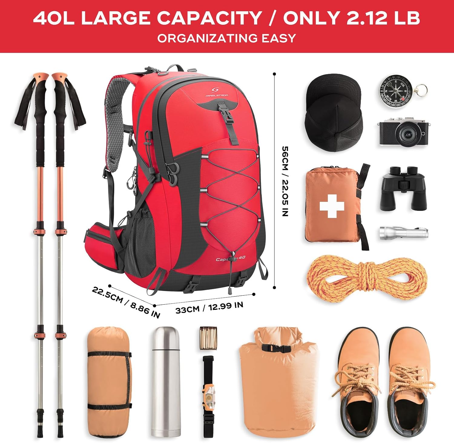 Maelstrom 40L Hiking Backpack, Lightweight Camping Daypack with Rain Cover