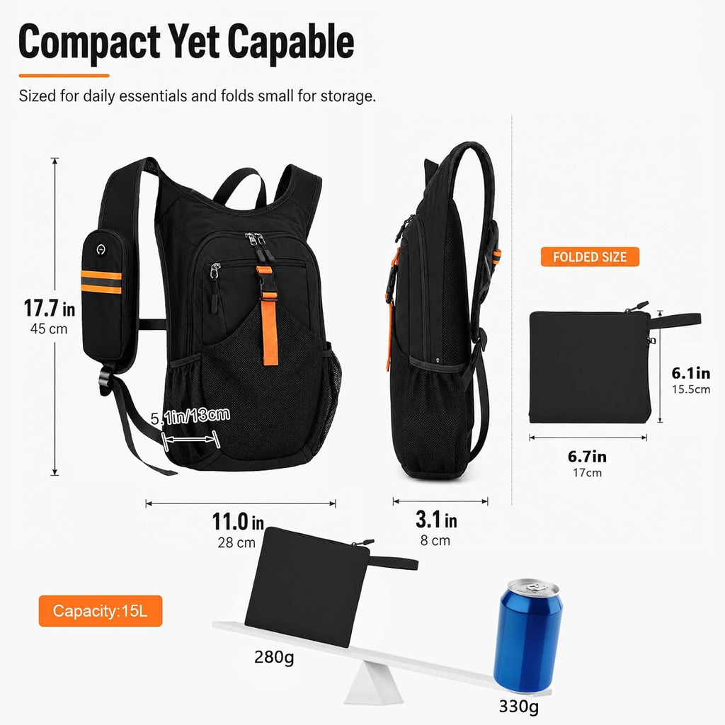 15L Small Hiking Backpack, Lightweight Packable Foldable Casual Backpack for Women Men (Black)