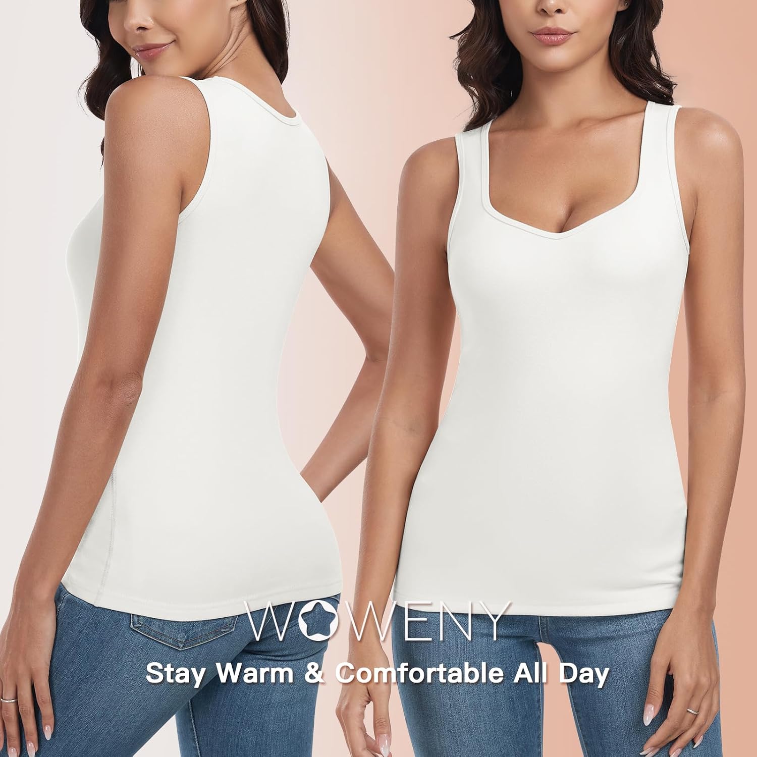 WOWENY Thermal Fleece Tank Top for Women V Neck Sleeveless Shirts Camisole Warm Base Layer Cami Vest Underwear Tops