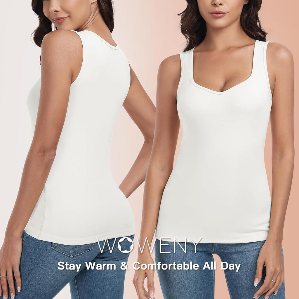 WOWENY Thermal Fleece Tank Top for Women V Neck Sleeveless Shirts Camisole Warm Base Layer Cami Vest Underwear Tops