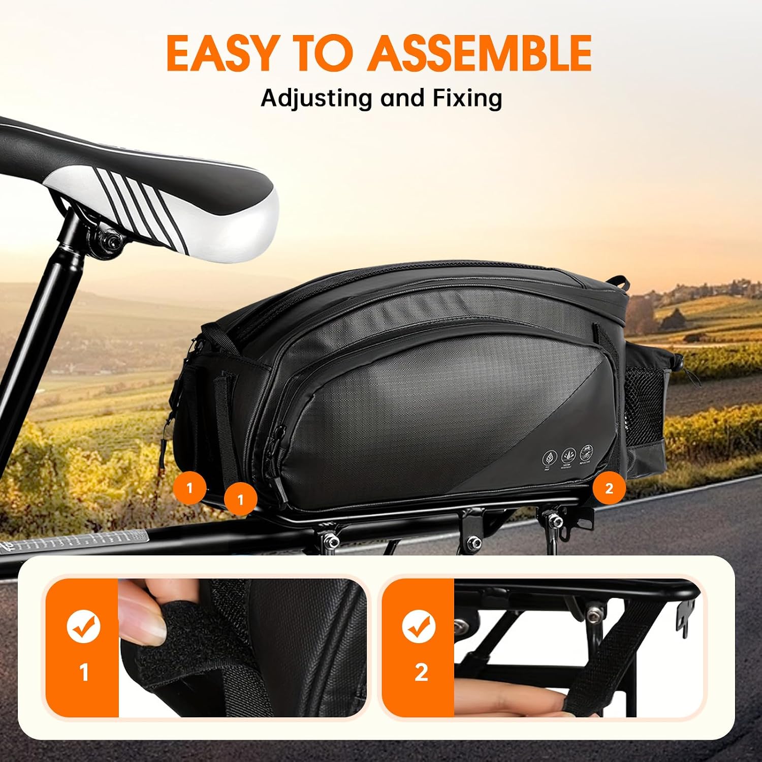 Bike Rack Bag,12L Bike Trunk Bag ,Rear bike rack bag, Multi Pockets Cycling Storage Bag with Water Bottle Holder , Bike Bags for bicycle Rack with Reflective Area & Shoulder Strap for Cycling Trips.