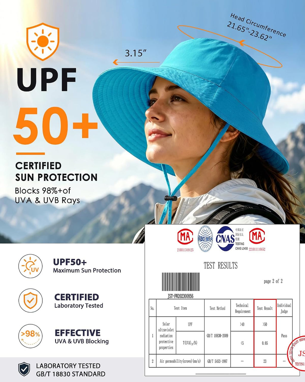 Water-Resistant UPF 50+ Sun Bucket Hat Packable Brimmed for Women Men