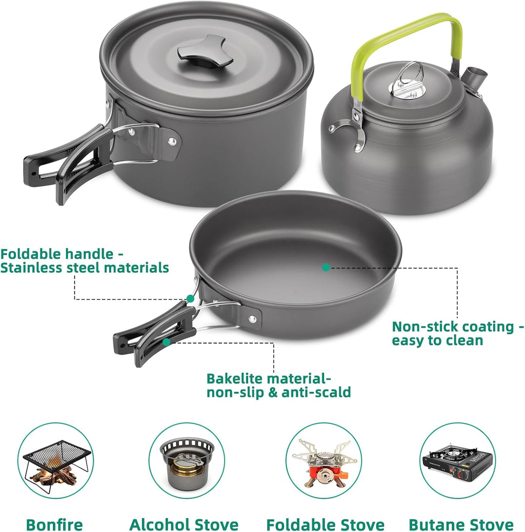 17pcs Camping Cookware Kit, Nonstick Pots Pans and Kettle Set