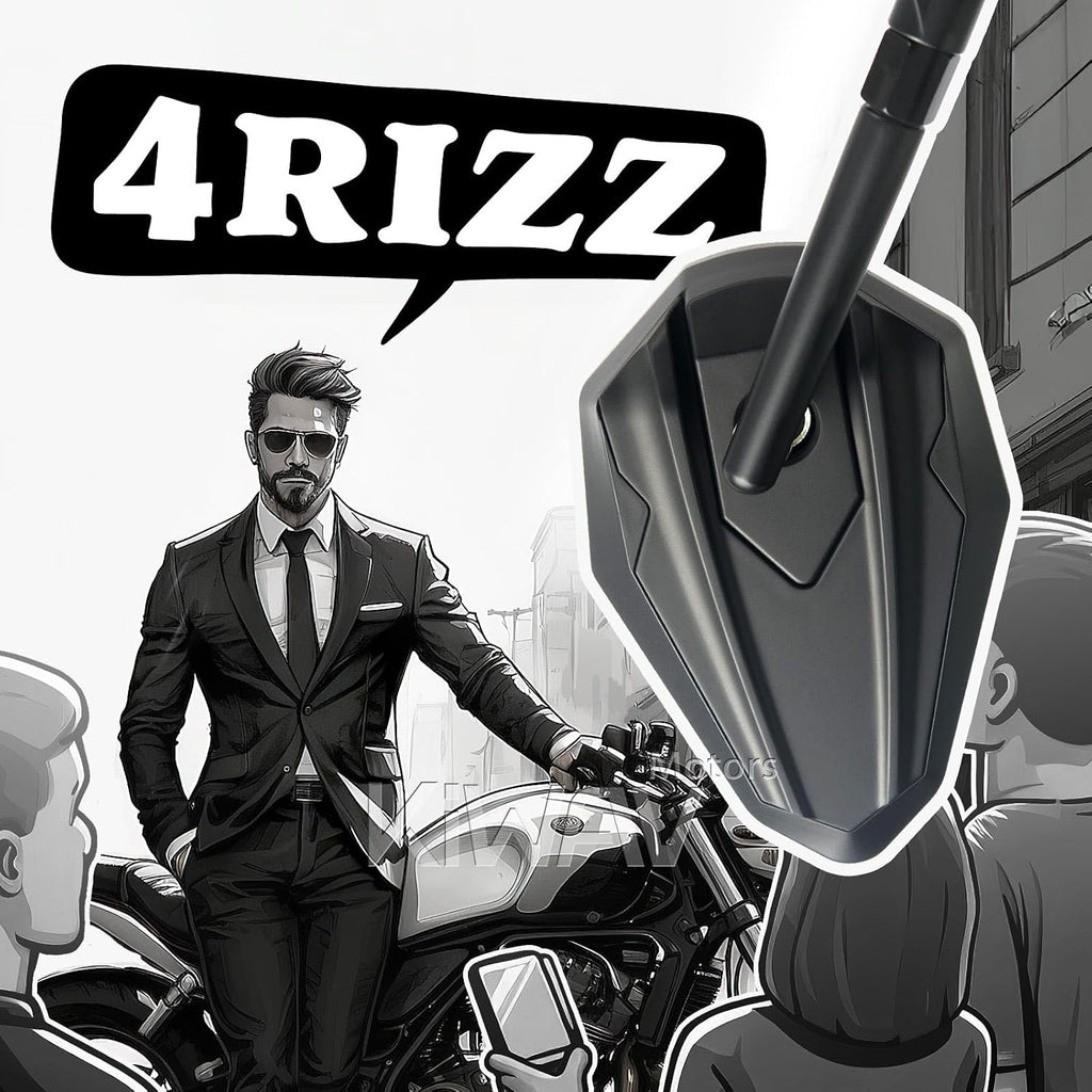 KiWAV 4Rizz Black Motorcycle Rear View Mirrors Universal Fit 10mm 8mm Metric Bikes Scooters Chopper Cafe Racer Sold as 1 Pair