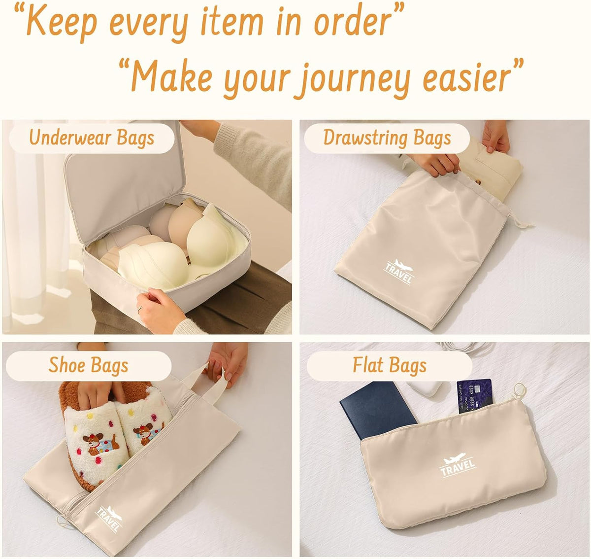 9 Set Packing Cubes for Travel Essentials - Lightweight Carry-On Luggage Organizer Bags with Shoe, Clothes & Laundry Bags for Airplane, Family & Business Travel, Beige