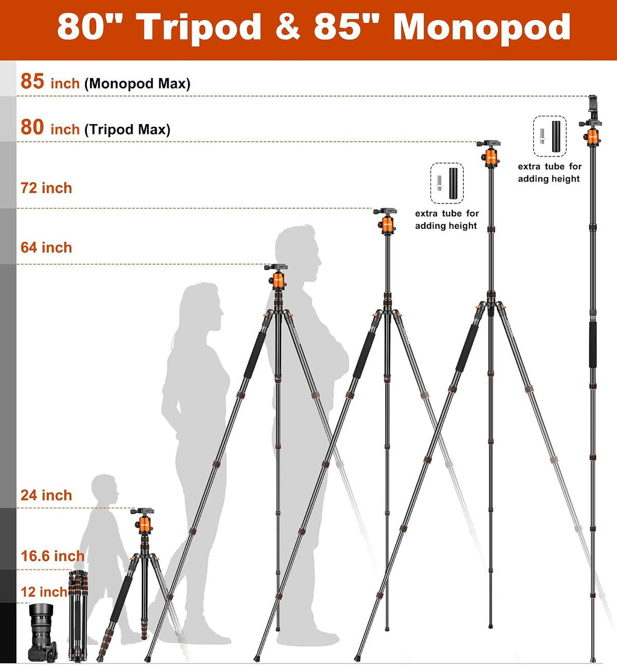 80/85 inches Heavy Duty Tripod for Camera Phone, 85" Camera Tripod Monopod