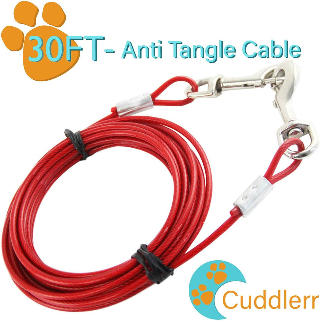 30ft Dog Tie Out Cable for Dogs, 16" Chrome Plated Anti Rust Stake, Great for Camping or The Garden, Suitable for Harness, Leash & Chain Attachments - Red