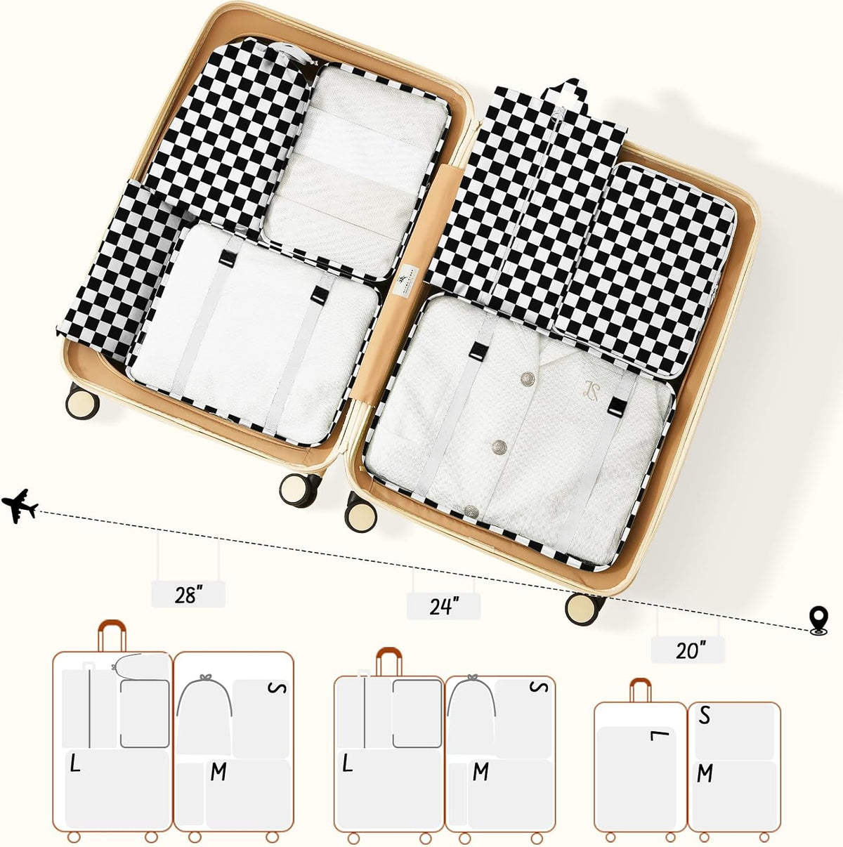 9 Set Packing Cubes for Travel Essentials - Lightweight Carry-On Luggage Organizer Bags with Shoe, Clothes & Laundry Bags for Airplane, Family & Business Travel, Black checkered