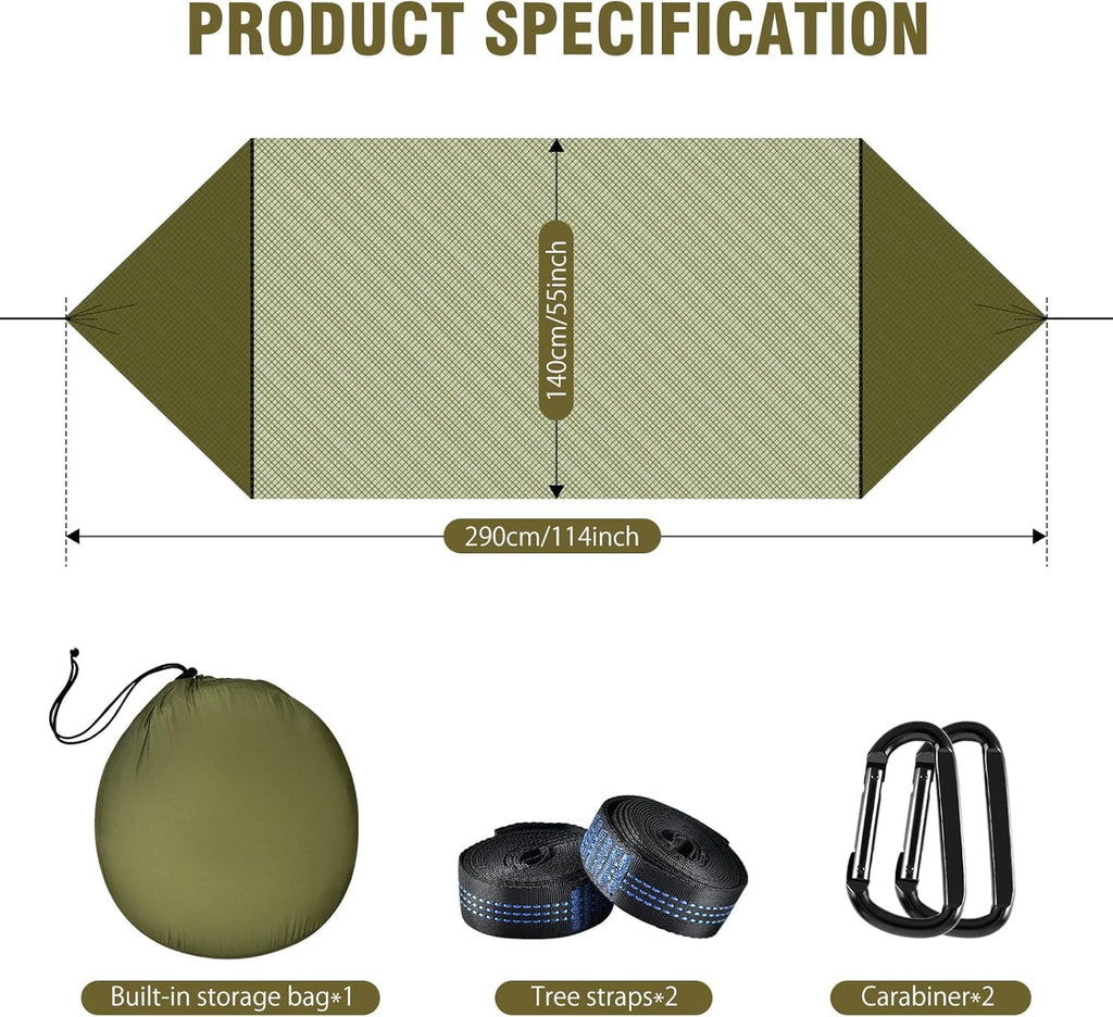 Camping Hammock with Mosquito Net, Lightweight Portable Double & Single Hammock Tent with 2 Tree Straps, Parachute Nylon Hammock for Outdoor Backpacking Beach Backyard Patio Hiking, Arm Green